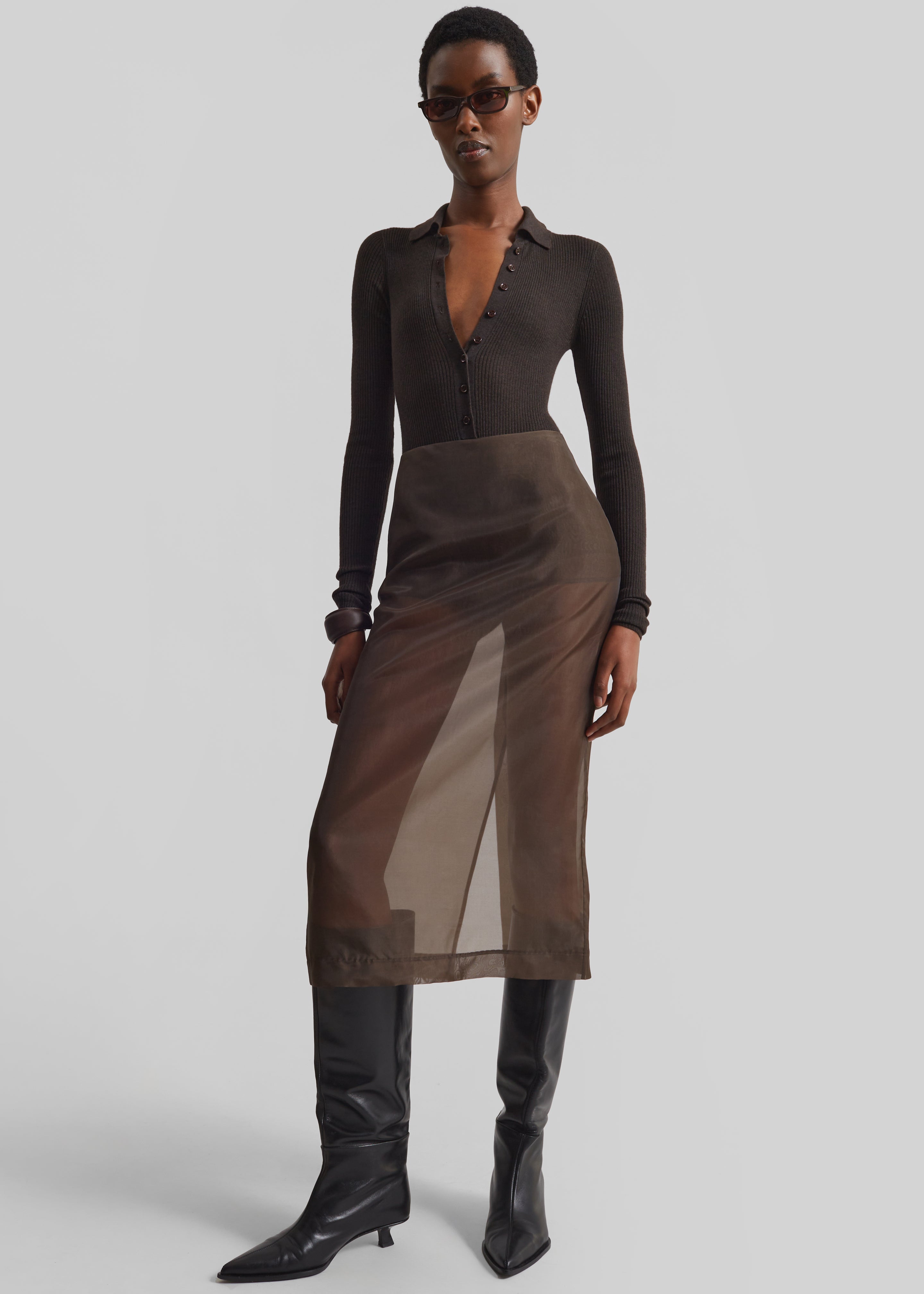 Peri Sheer Midi Skirt - Brown - 4