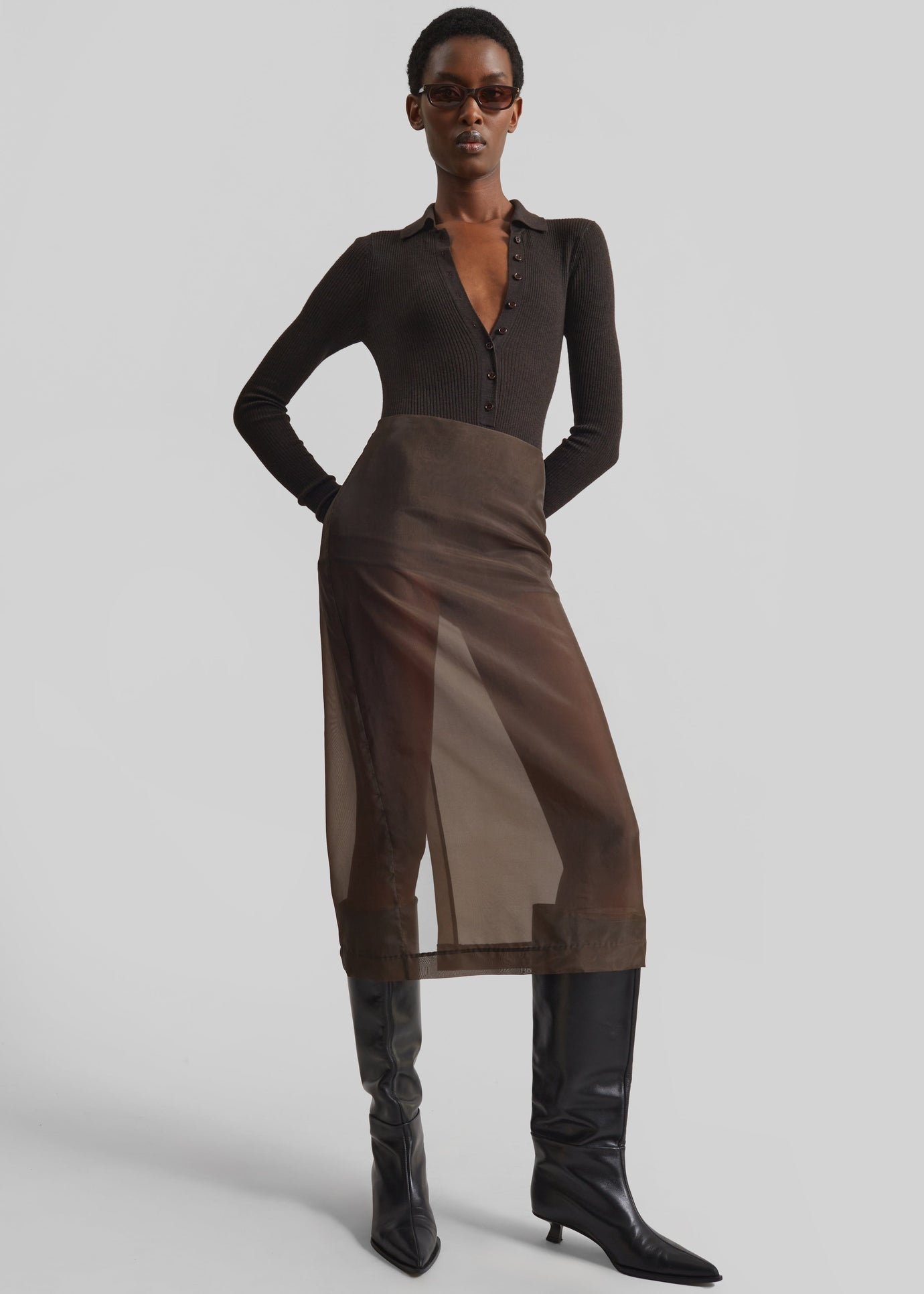 Peri Sheer Midi Skirt - Brown - 1