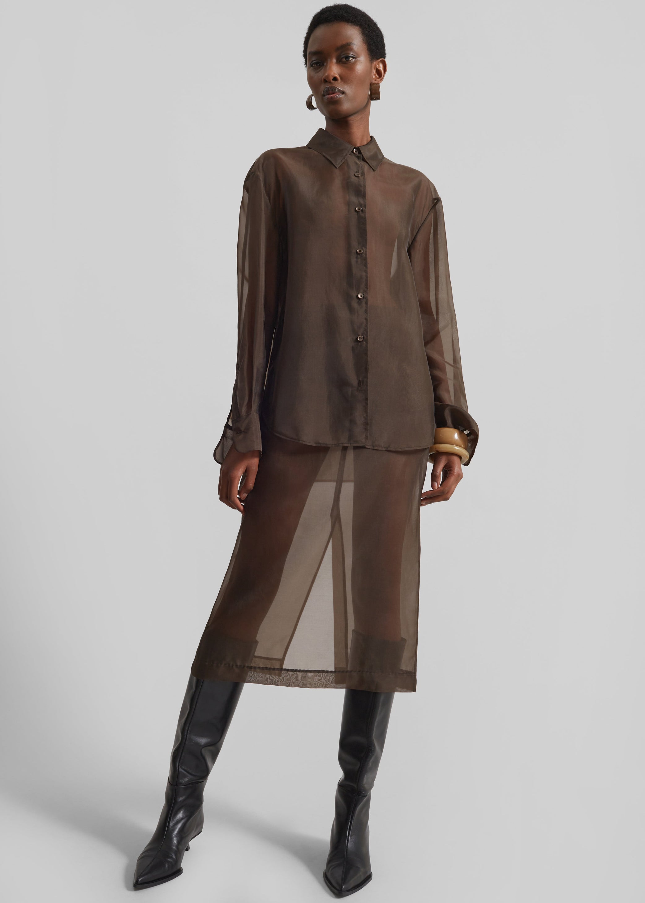 Shop the look image for Peri Sheer Midi Skirt - Brown
