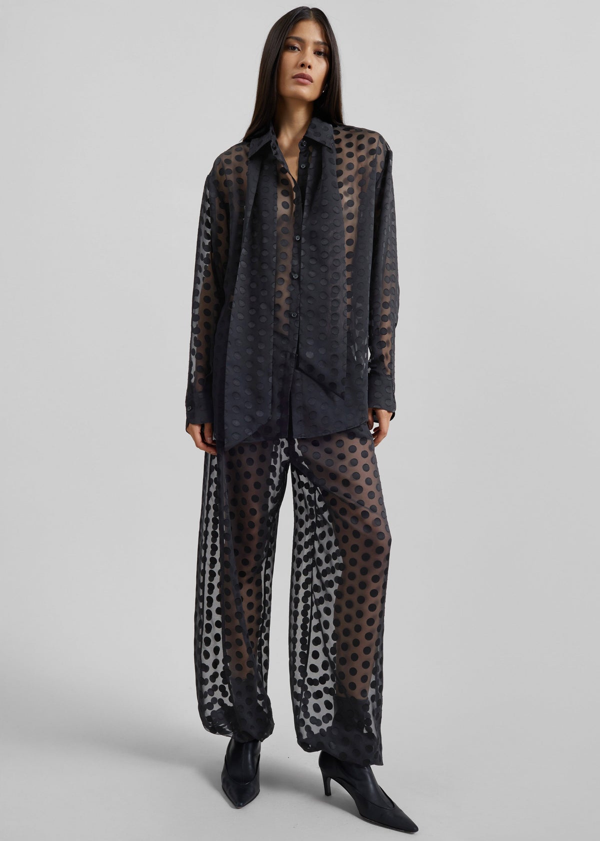 Peri Sheer Tie-Neck Shirt - Black Polka Dot - 3