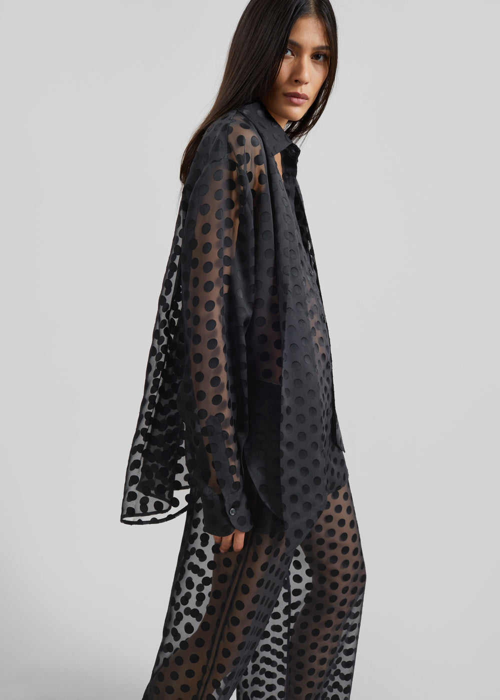 Peri Sheer Tie-Neck Shirt - Black Polka Dot - 1
