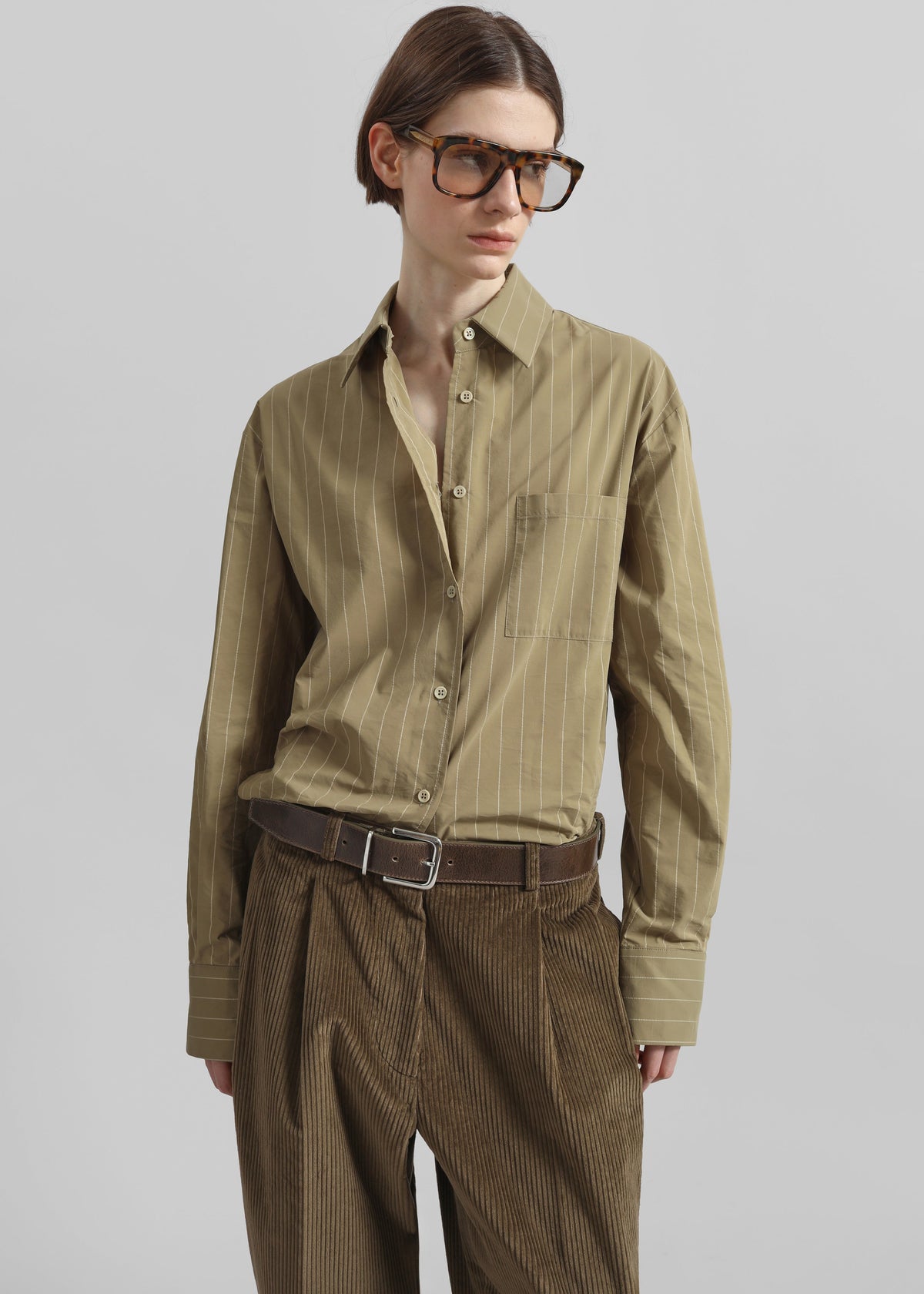 Peri Striped Cotton Shirt - Olive/White Stripe - 1