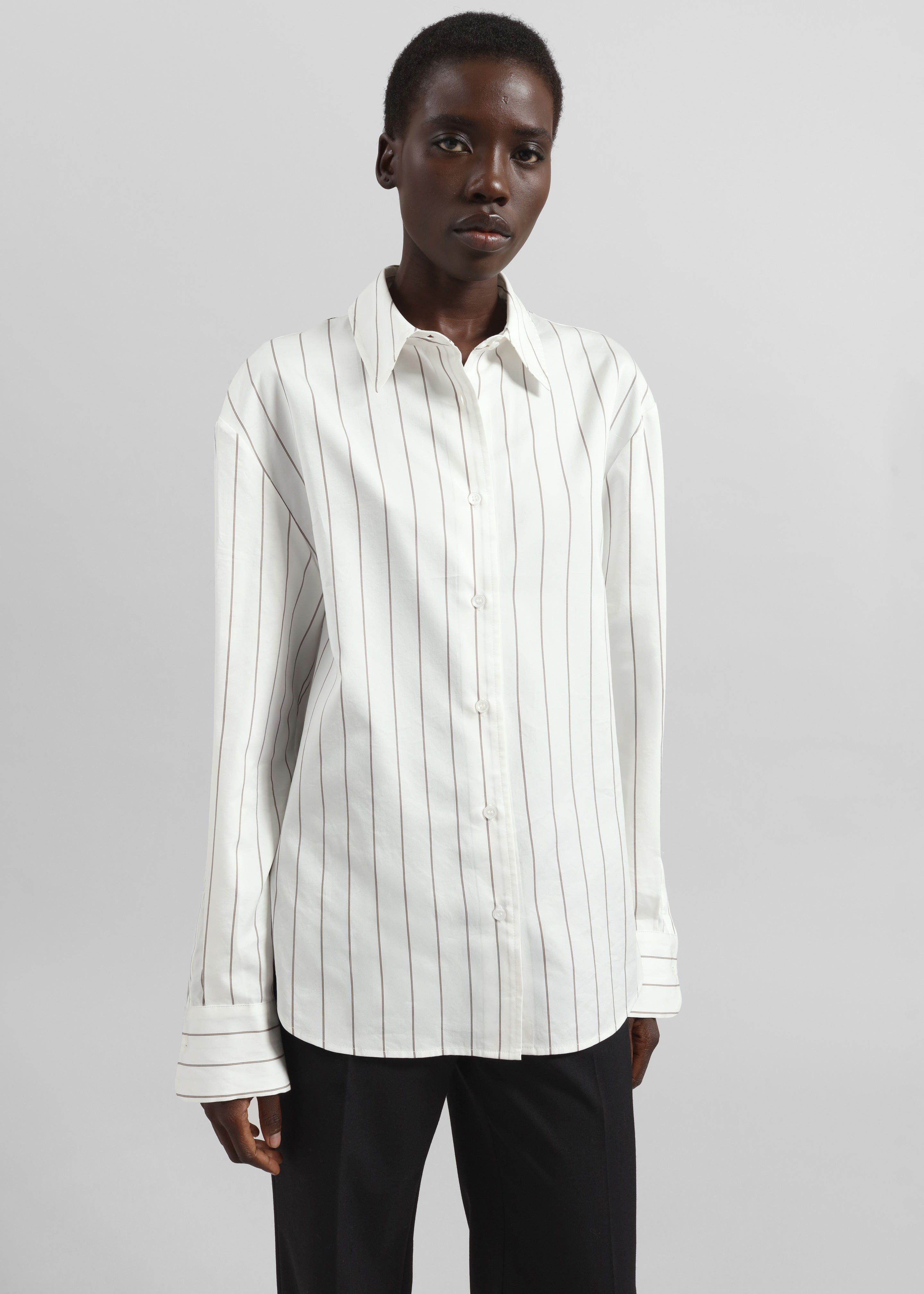 Peri Striped Cotton Shirt - White/Brown Stripe - 2