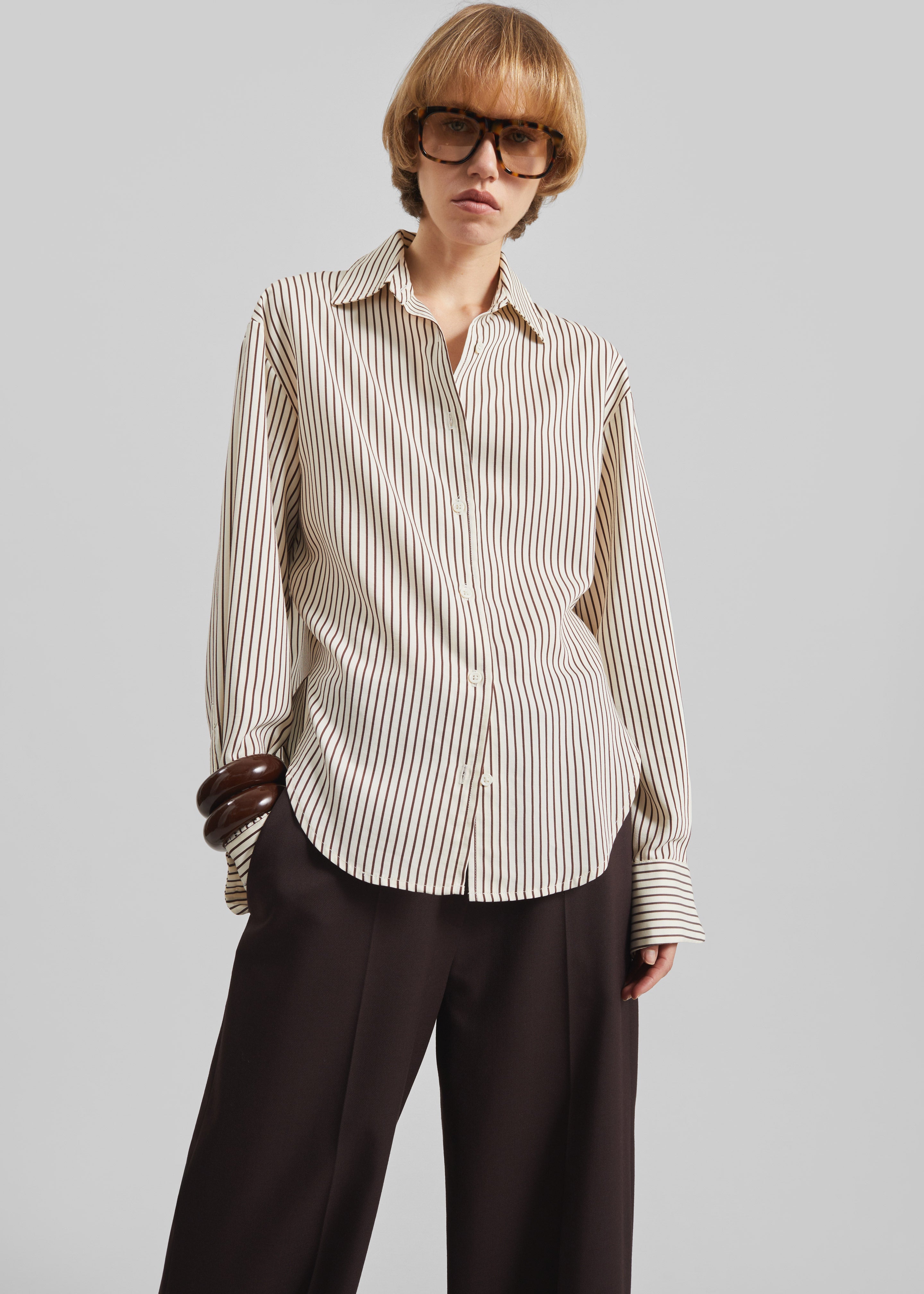 Peri Striped Fluid Shirt - Beige/Brown - 4