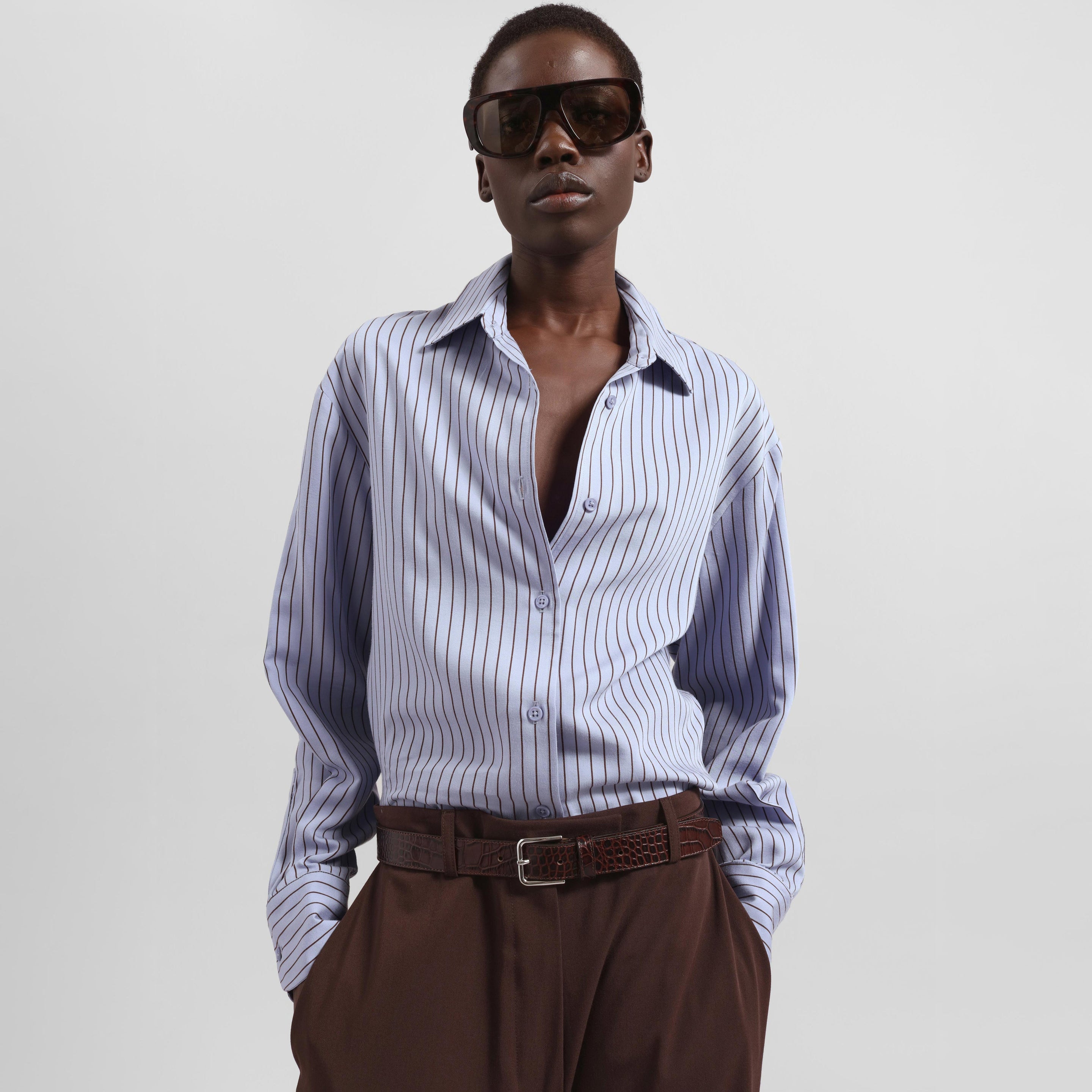 Peri Striped Fluid Shirt - Blue/Brown - 2
