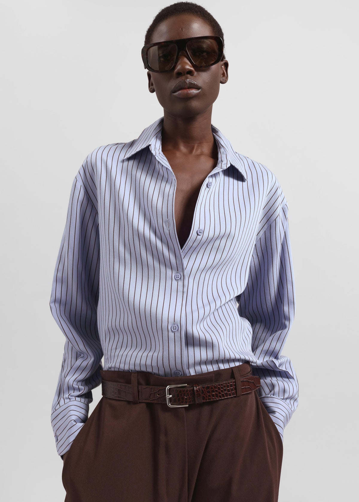 Peri Striped Fluid Shirt - Blue/Brown - 1