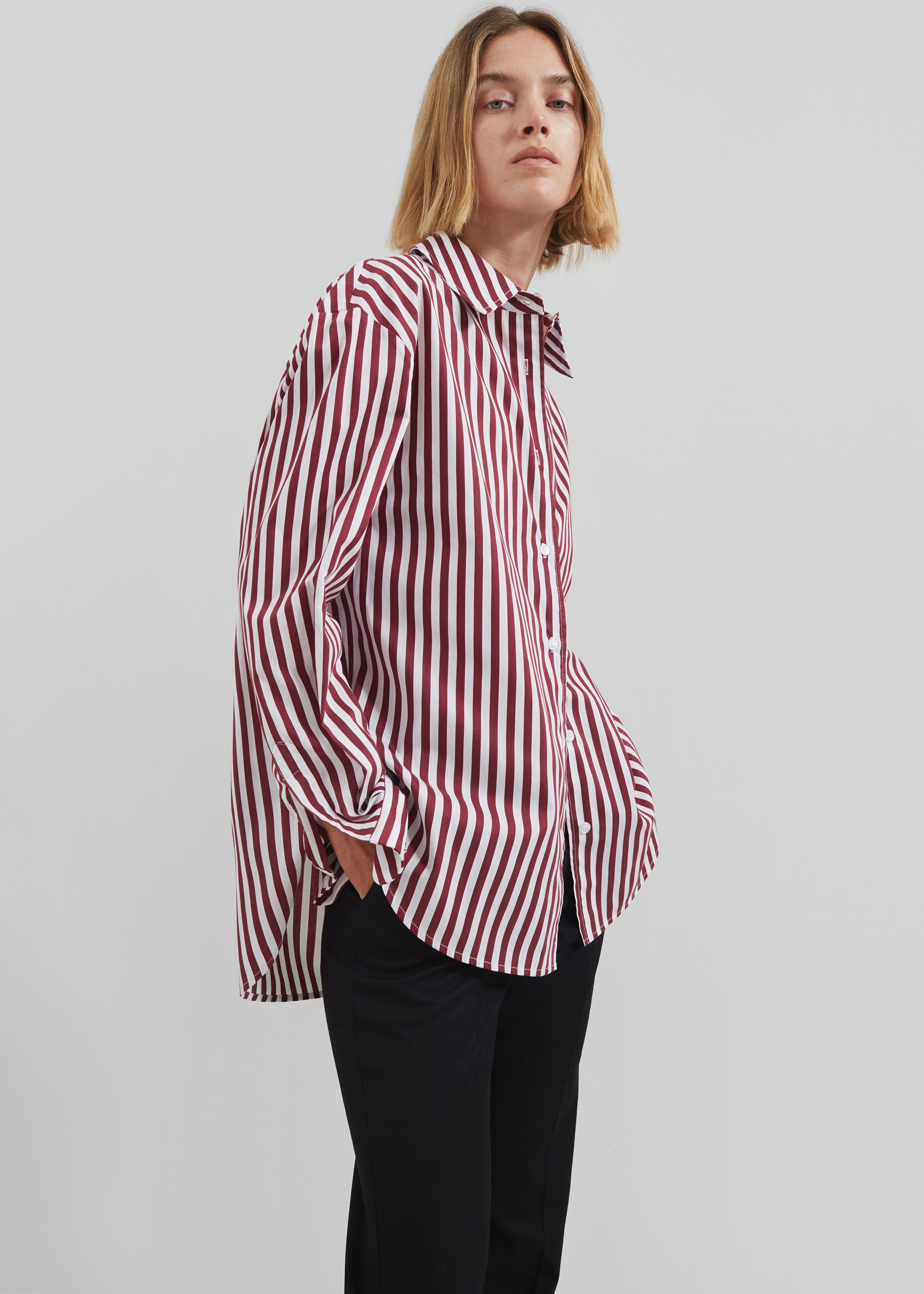 Peri Striped Poplin Shirt - Burgundy/White - 3