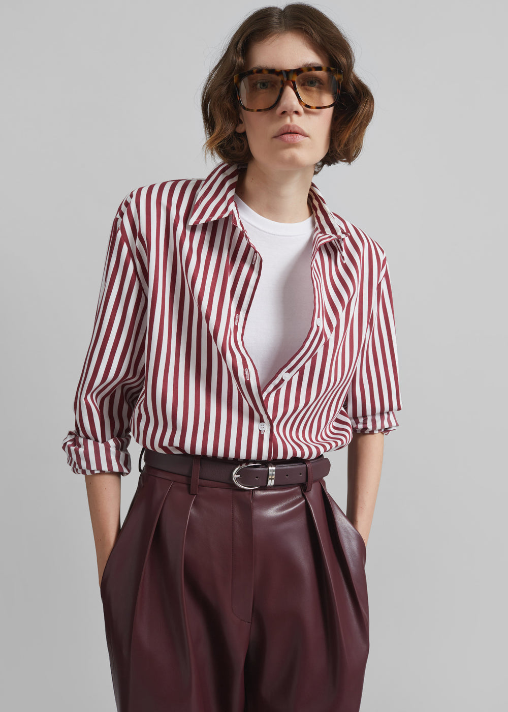 Peri Striped Poplin Shirt - Burgundy/White - 1