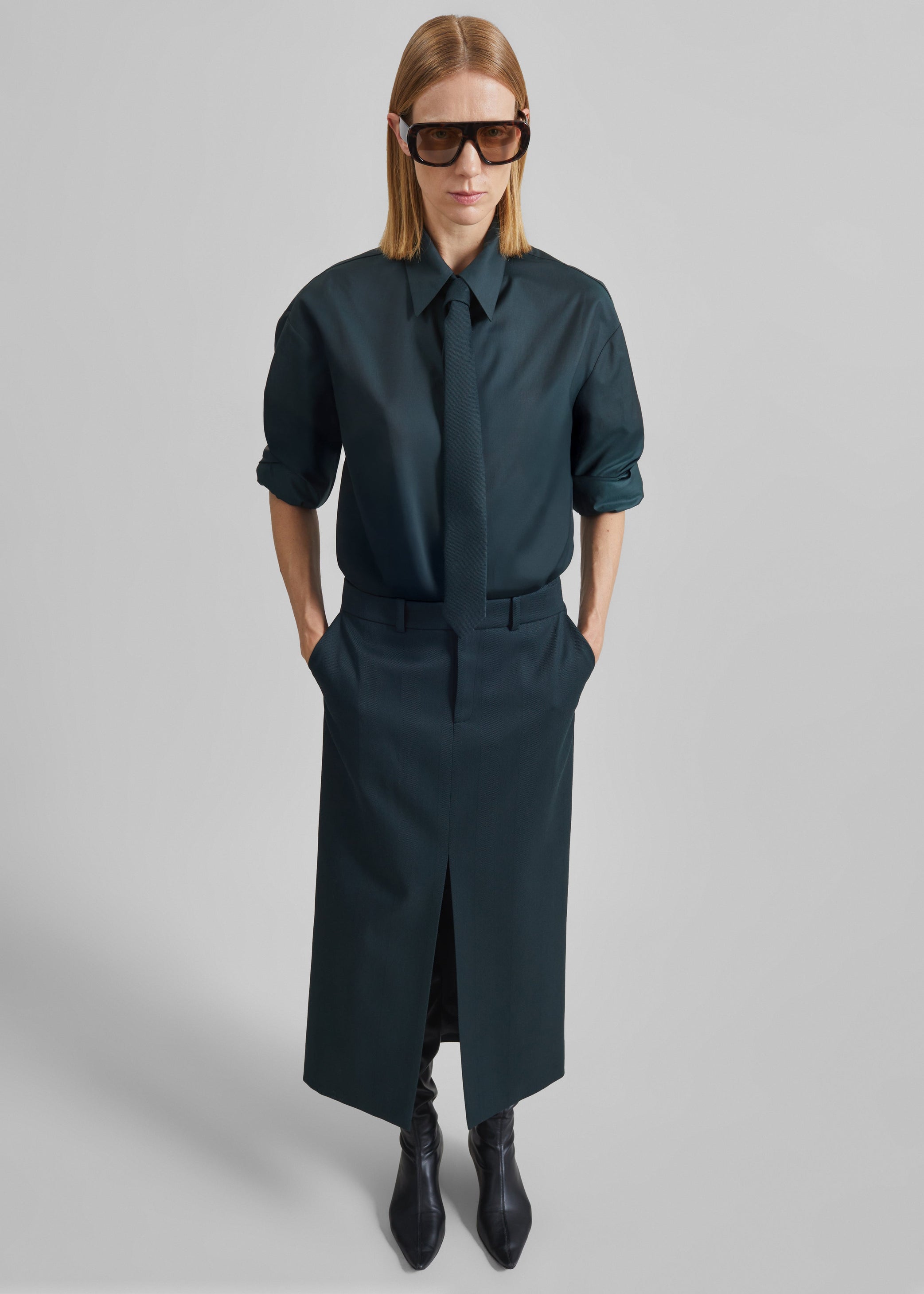 Shop the look image for Peri Tie Neck Shirt - Bottle Green