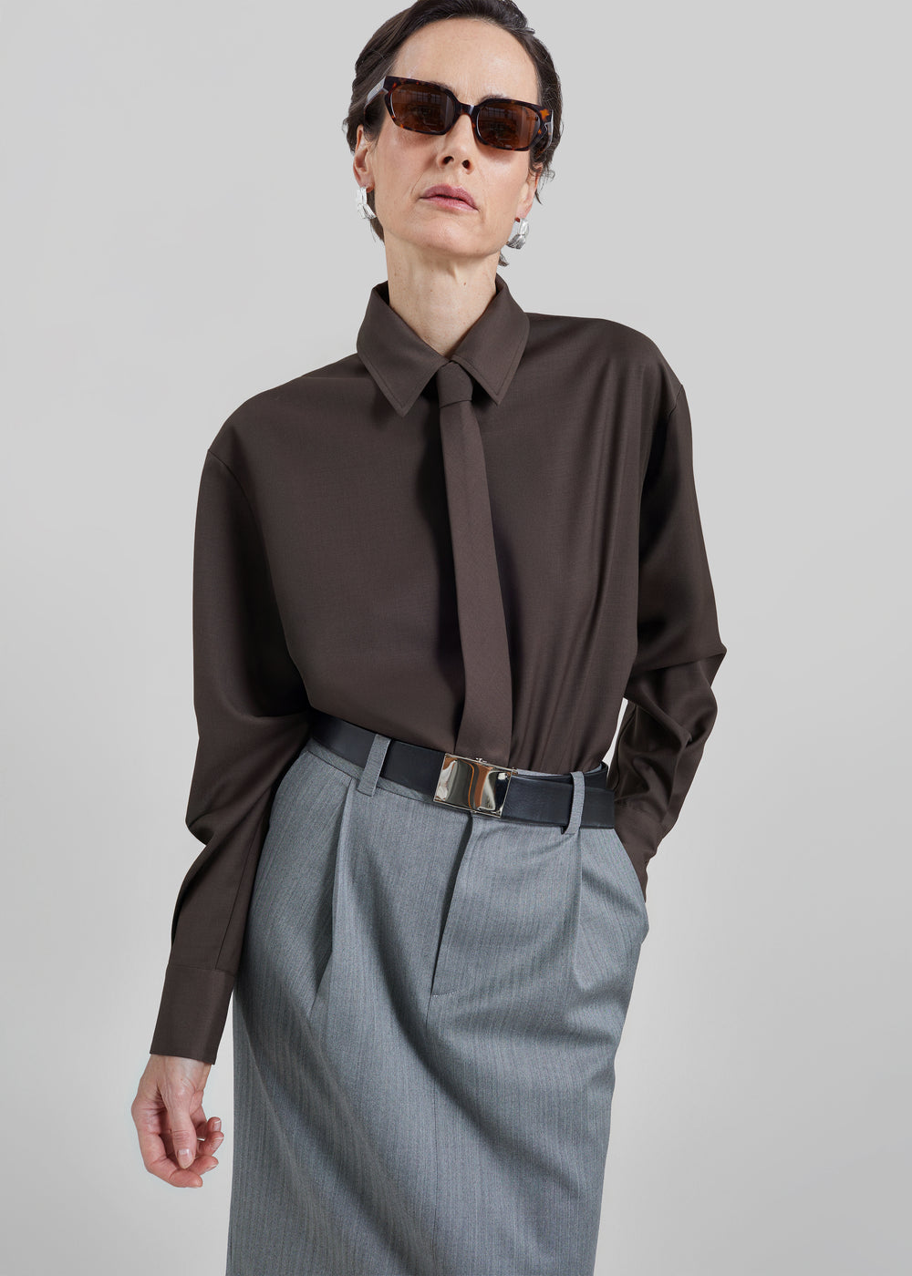 Peri Tie Neck Shirt - Brown