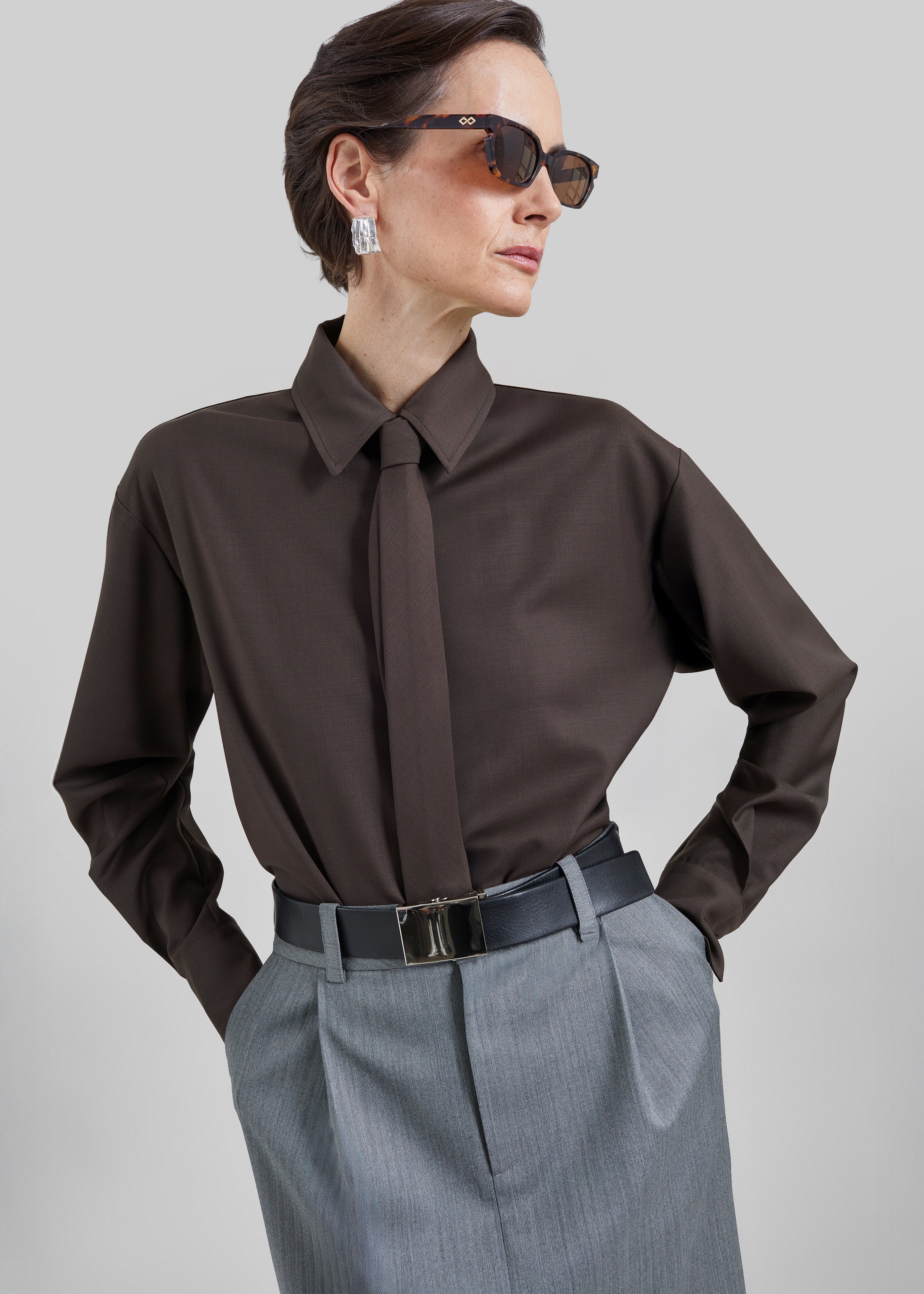 Peri Tie Neck Shirt - Brown