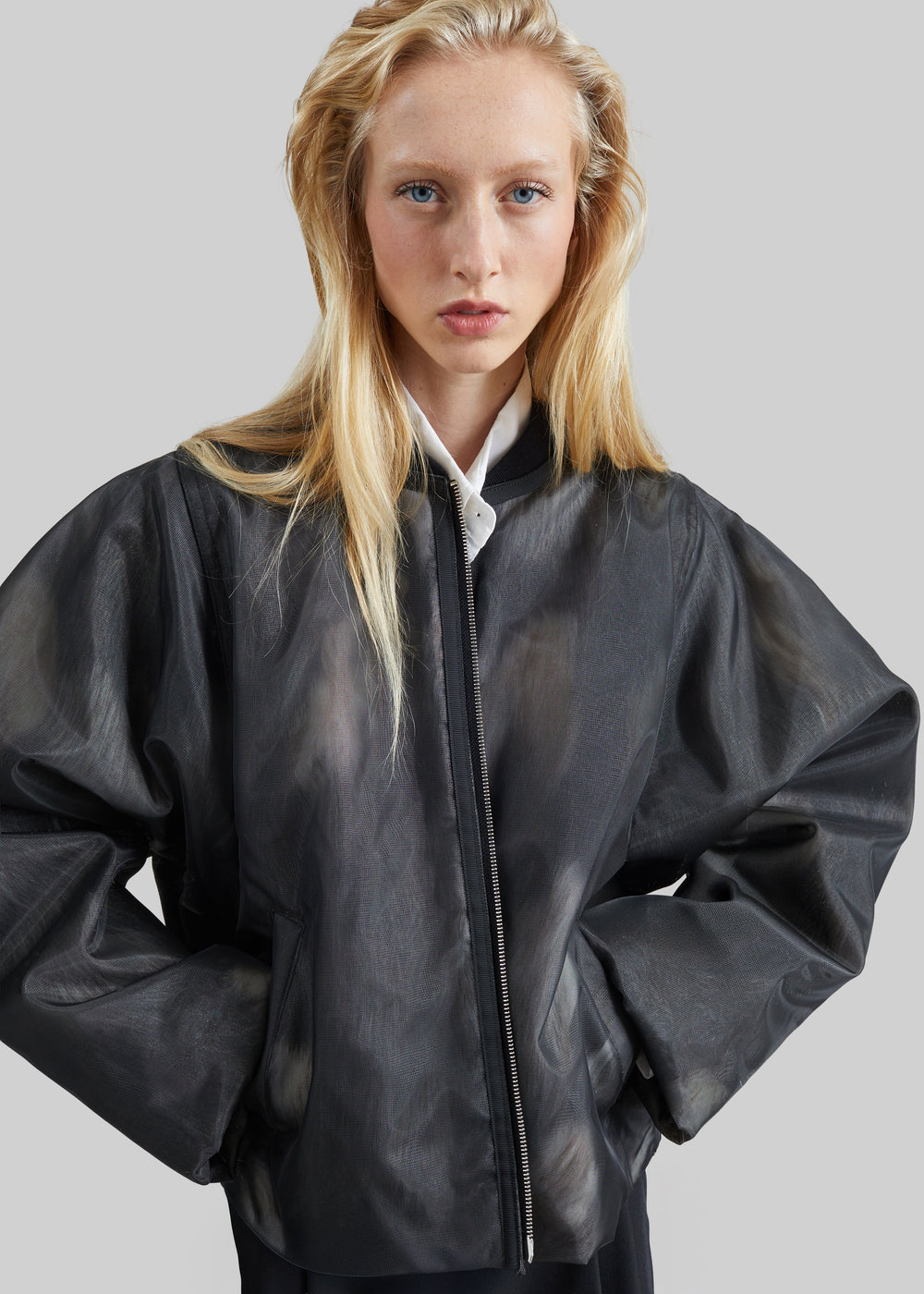 Pietra Fur Mesh Bomber Jacket - Grey - 1