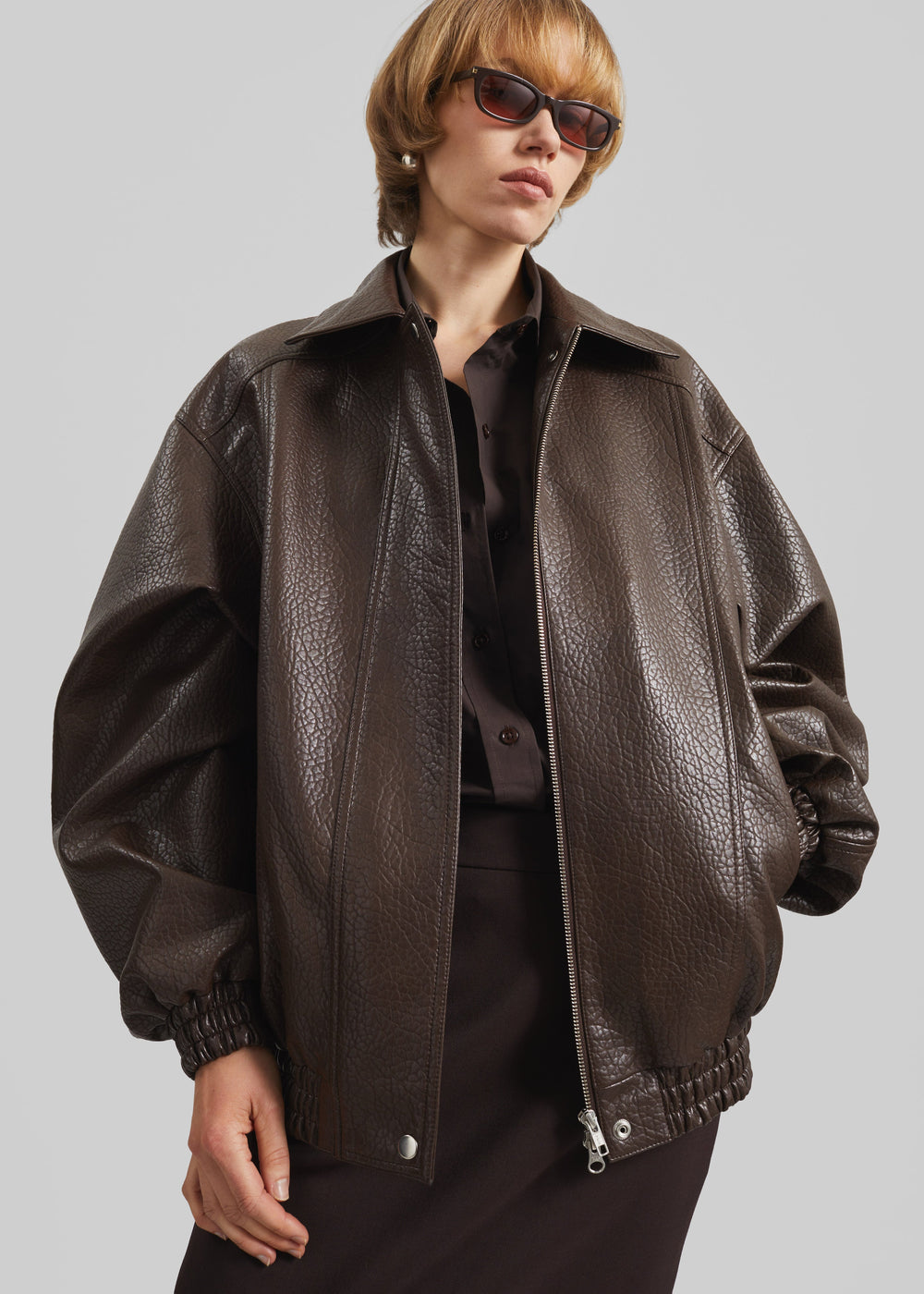 Prescott Grained Faux Leather Jacket - Brown - 1