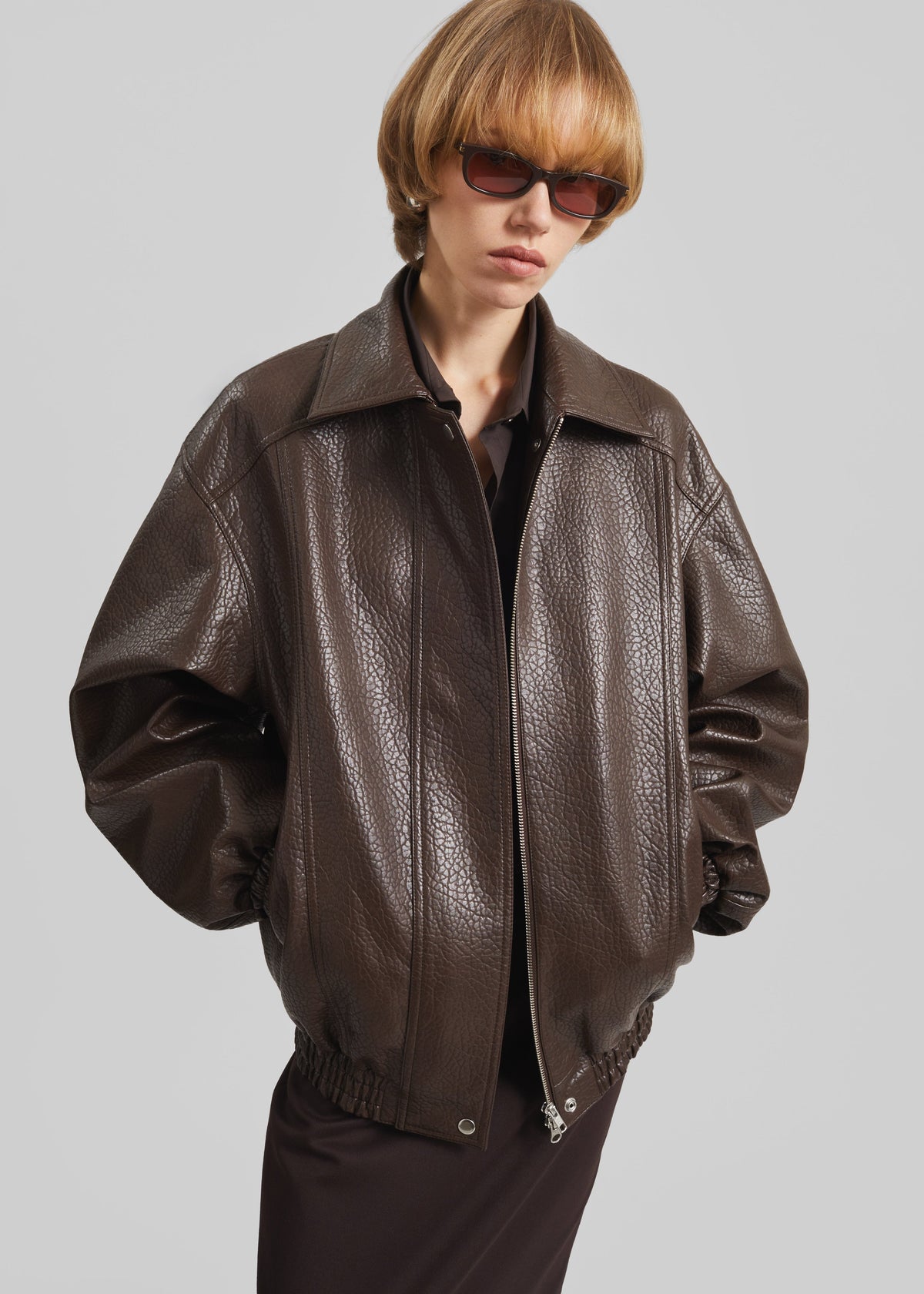 Prescott Grained Faux Leather Jacket - Brown - 6