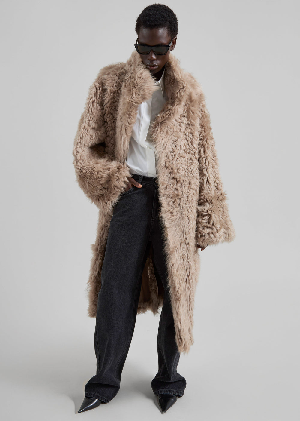 REMAIN Reversible Long Hair Shearling Coat - Pebble
