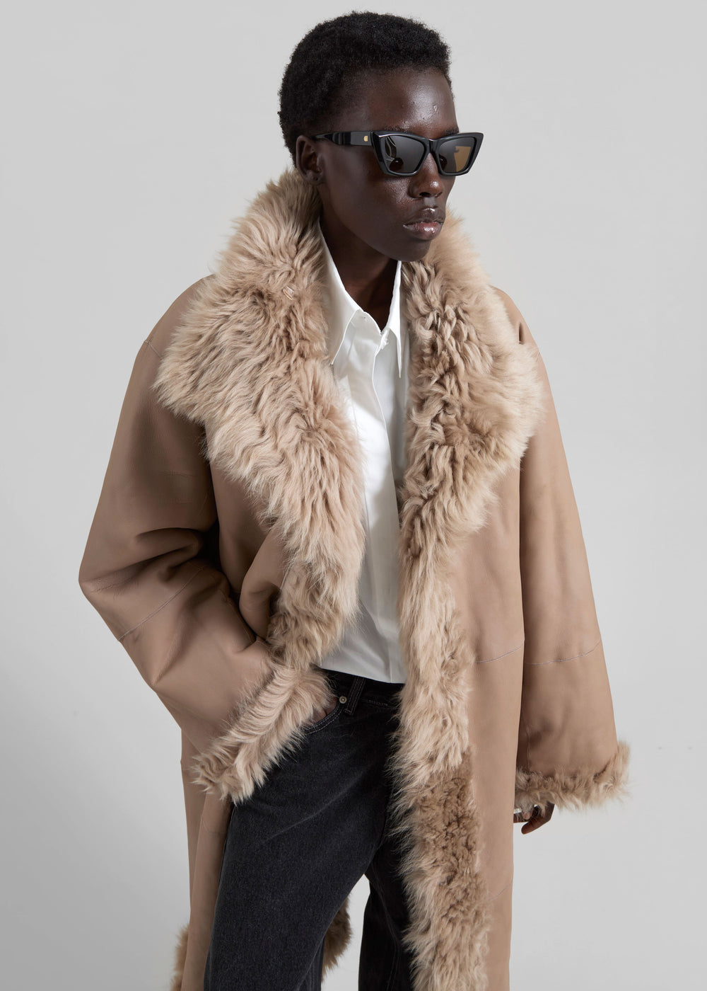 REMAIN Reversible Long Hair Shearling Coat - Pebble - 1