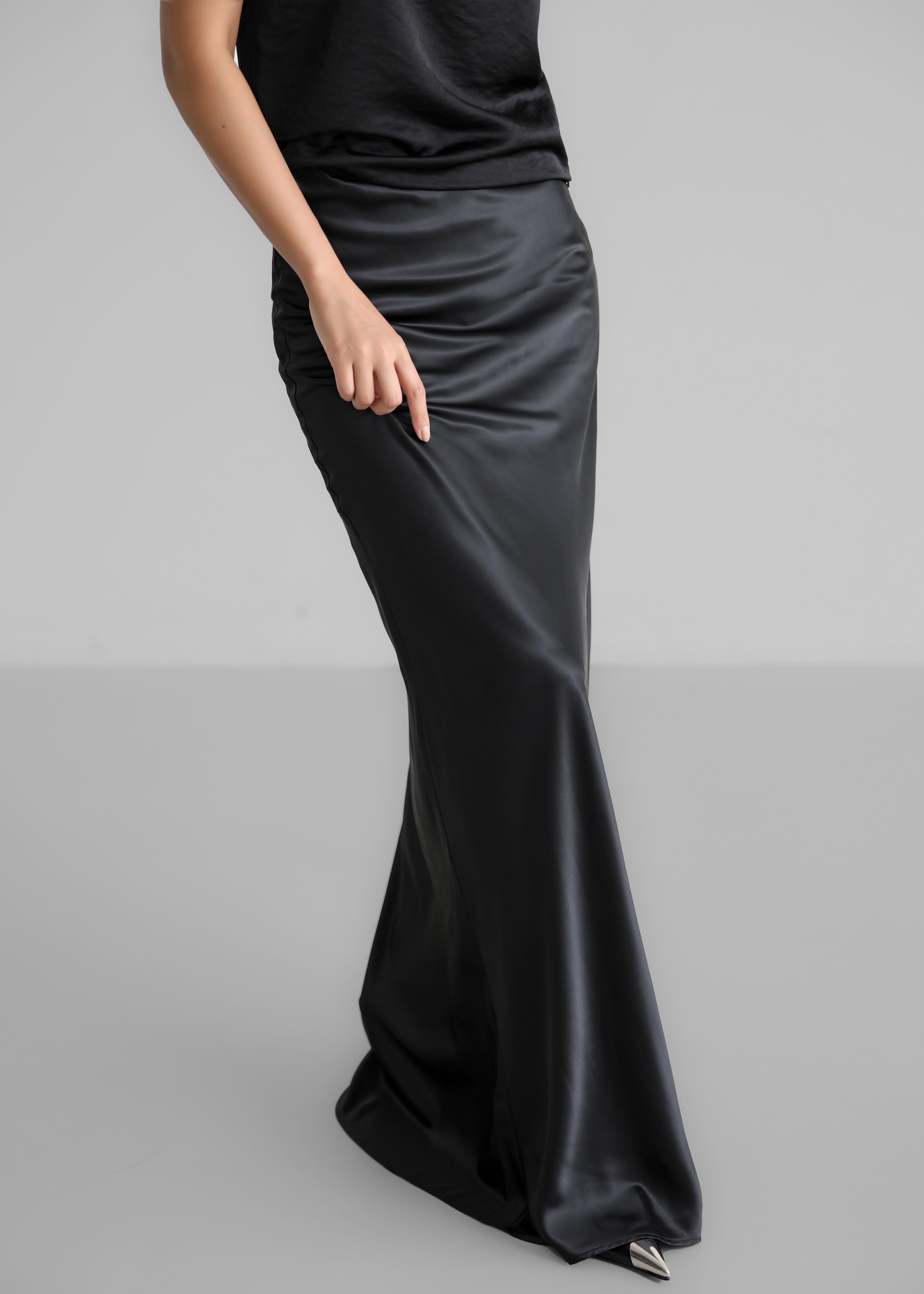 Long black satin maxi skirt sale