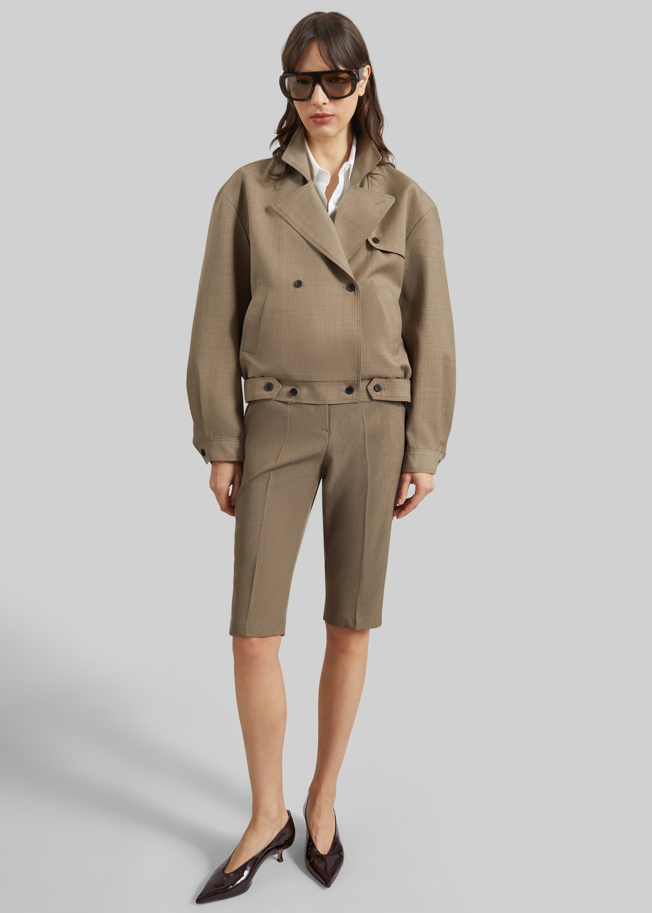 Shop the look image for Reva Tailored Bermuda Shorts - Dark Taupe