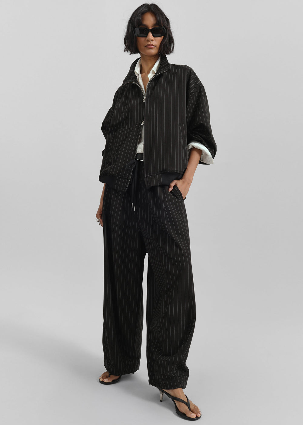 Rilton Drawstring Pants - Black/White Pinstripe