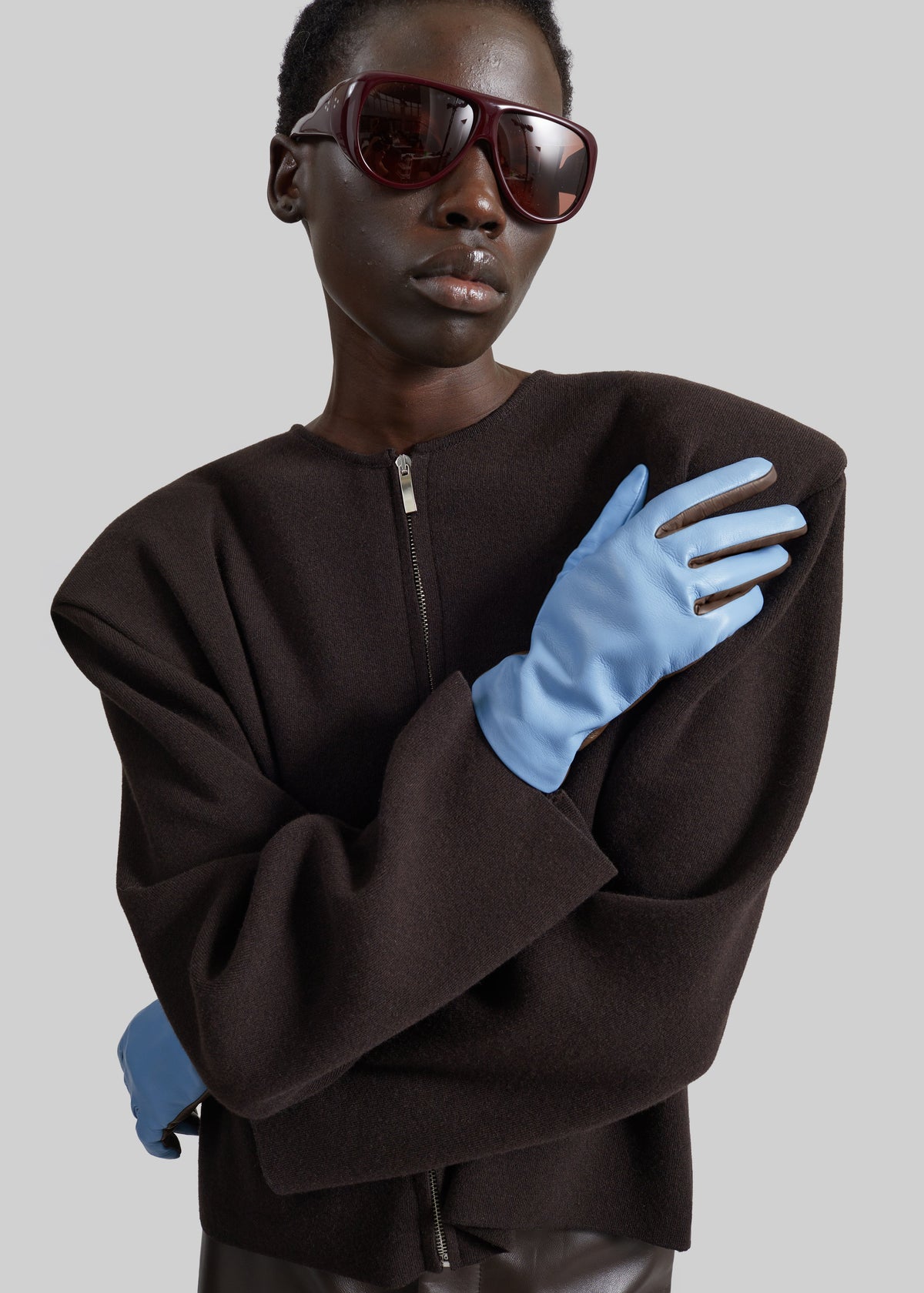 Gants courts Rion bicolores en cuir - Bleu pâle/marron clair
