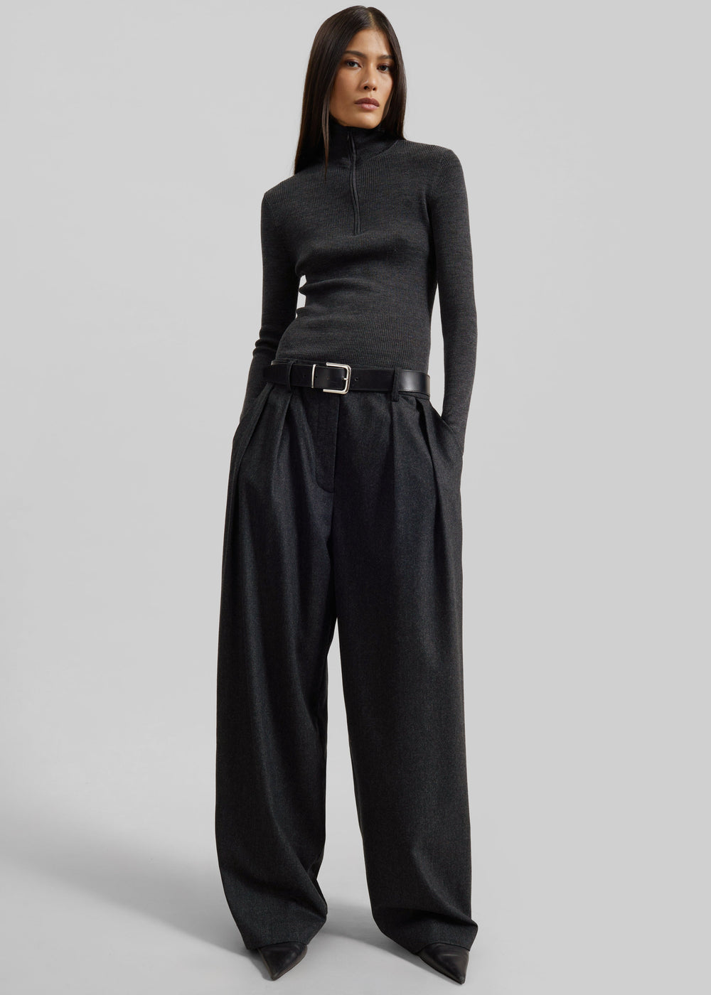 Ripley Flannel Pleated Trousers - Dark Grey