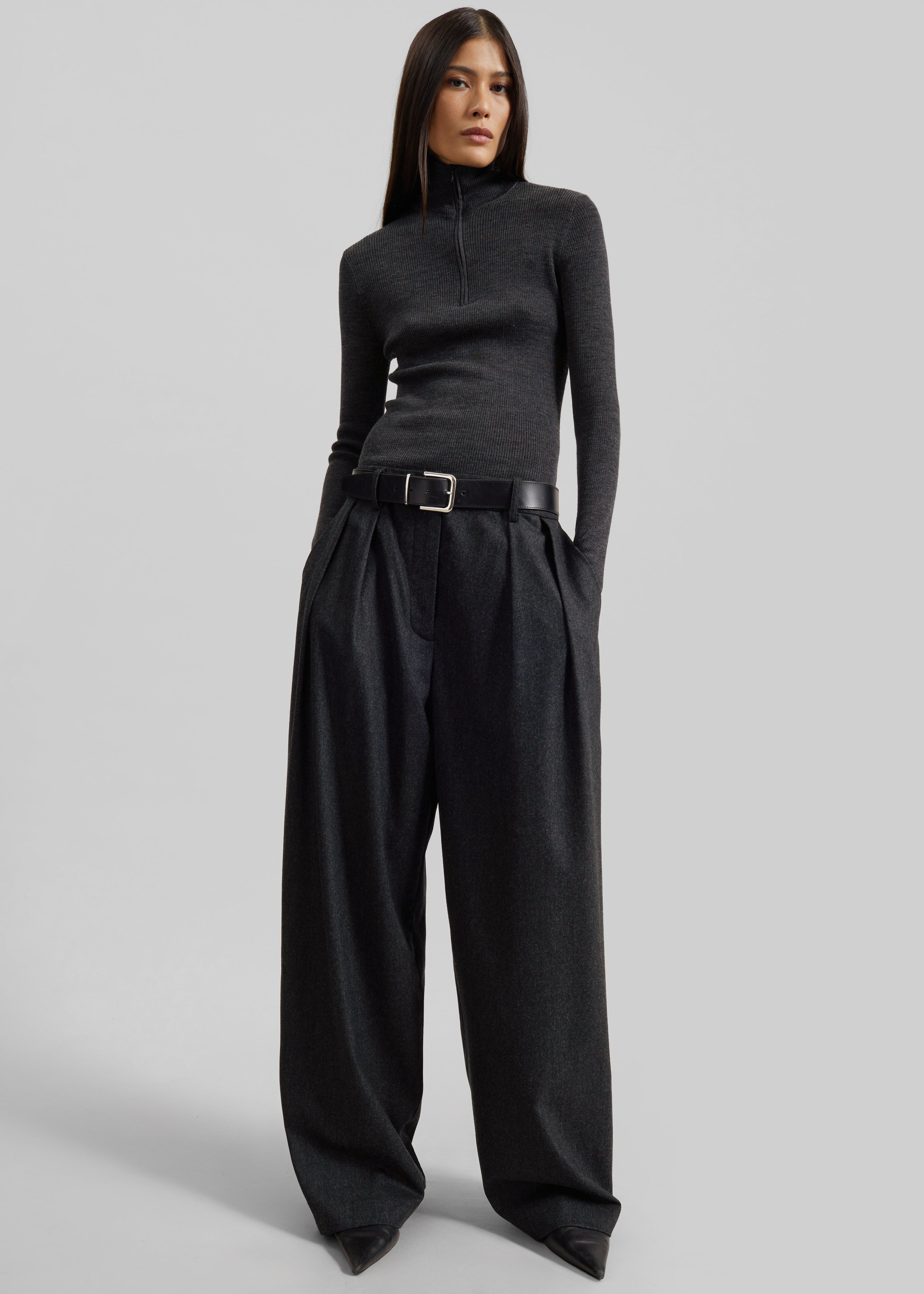Ripley Flannel Pleated Trousers - Dark Grey - 1
