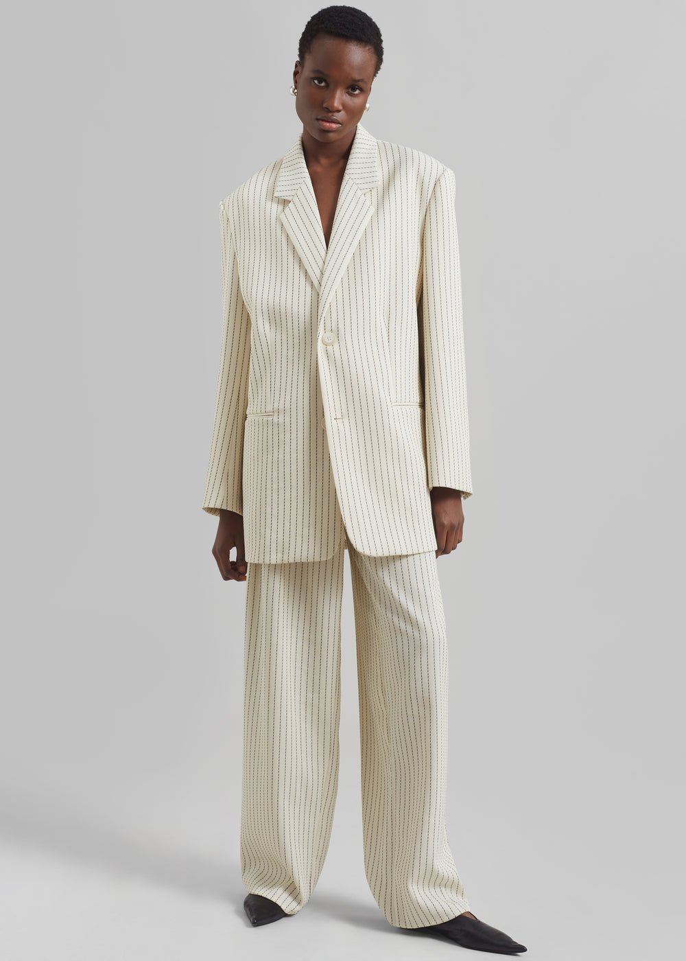 Ripley Pleated Twill Trousers - Light Beige/Black Pinstripe - 1