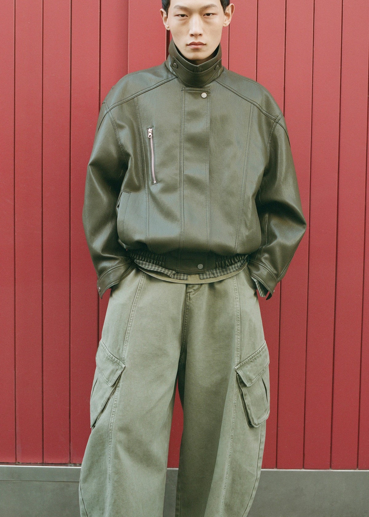 Risle Faux Leather Bomber Jacket - Olive