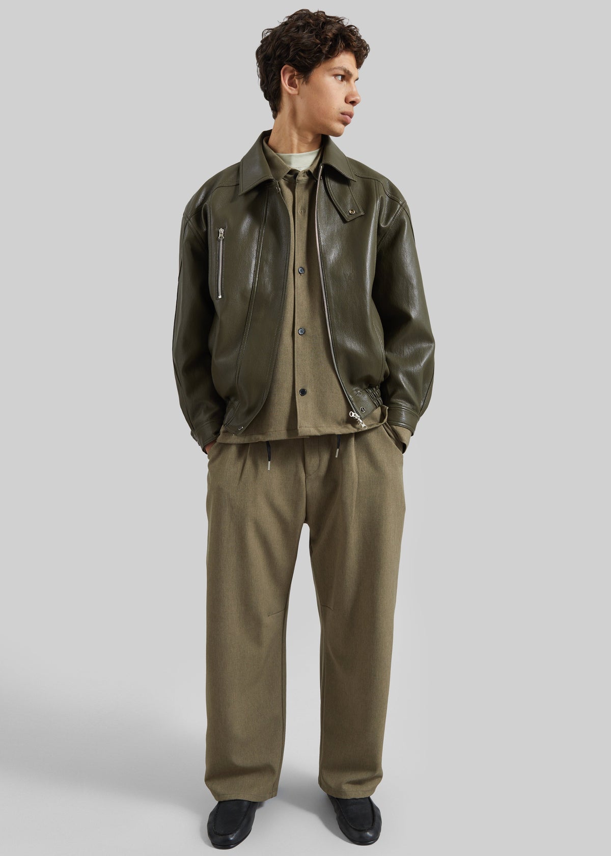 Risle Faux Leather Bomber Jacket - Olive