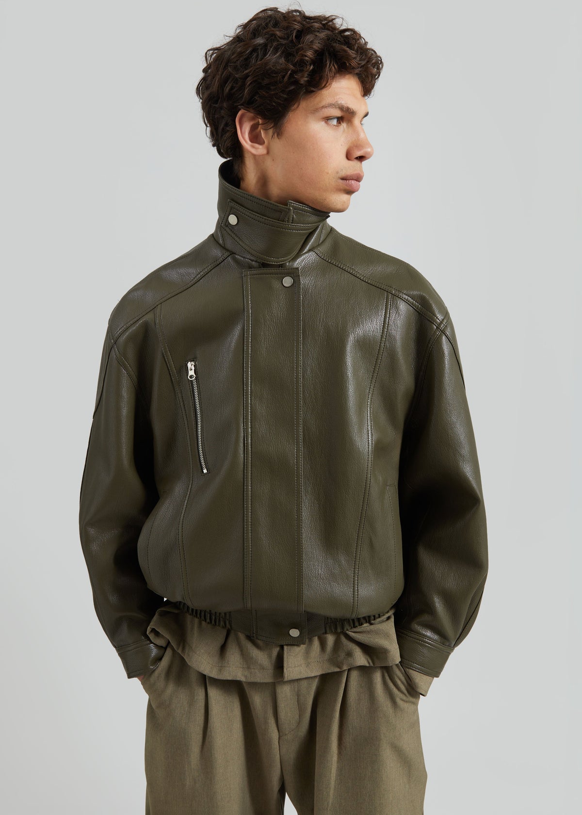 Risle Faux Leather Bomber Jacket - Olive