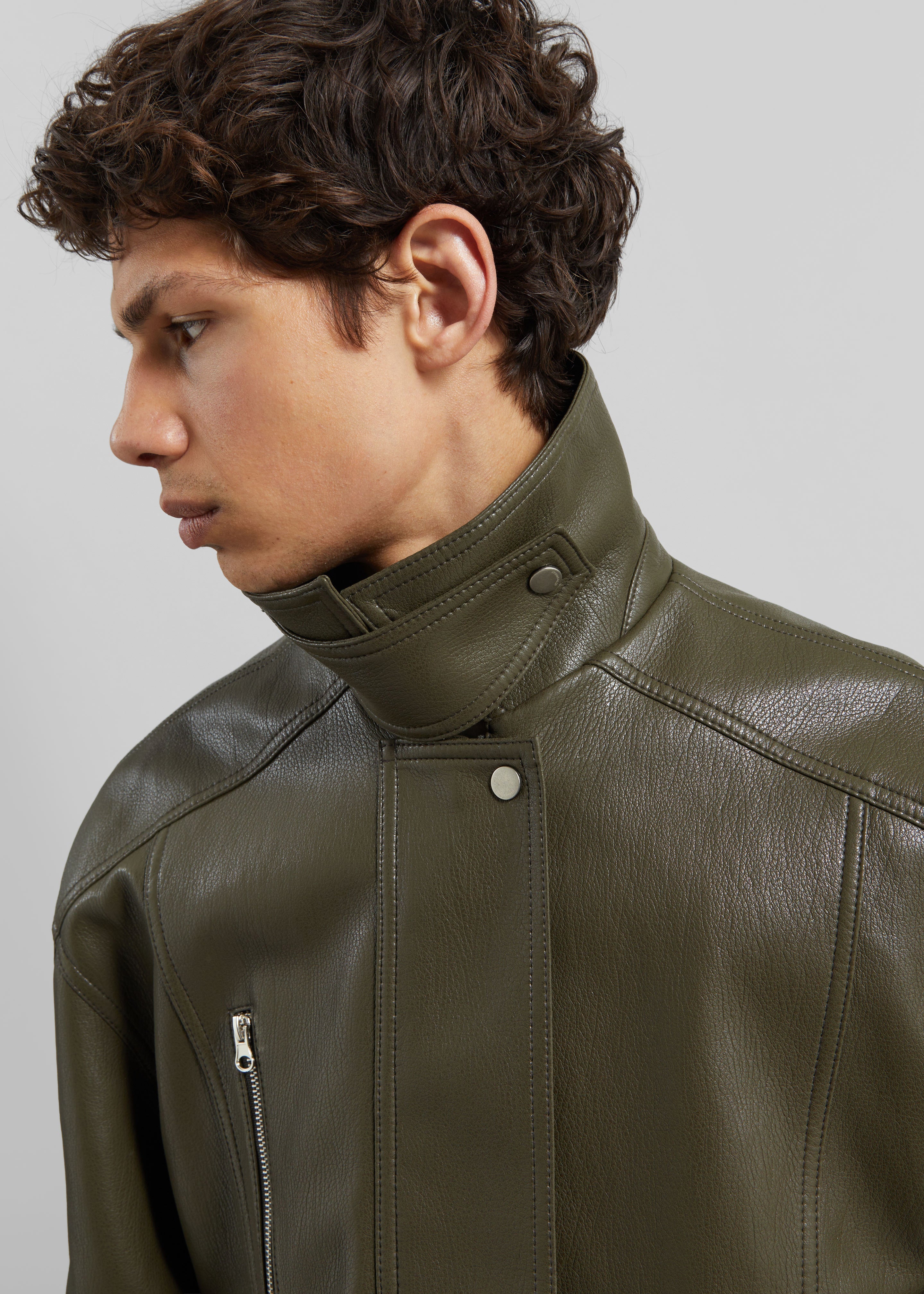 Risle Faux Leather Bomber Jacket - Olive