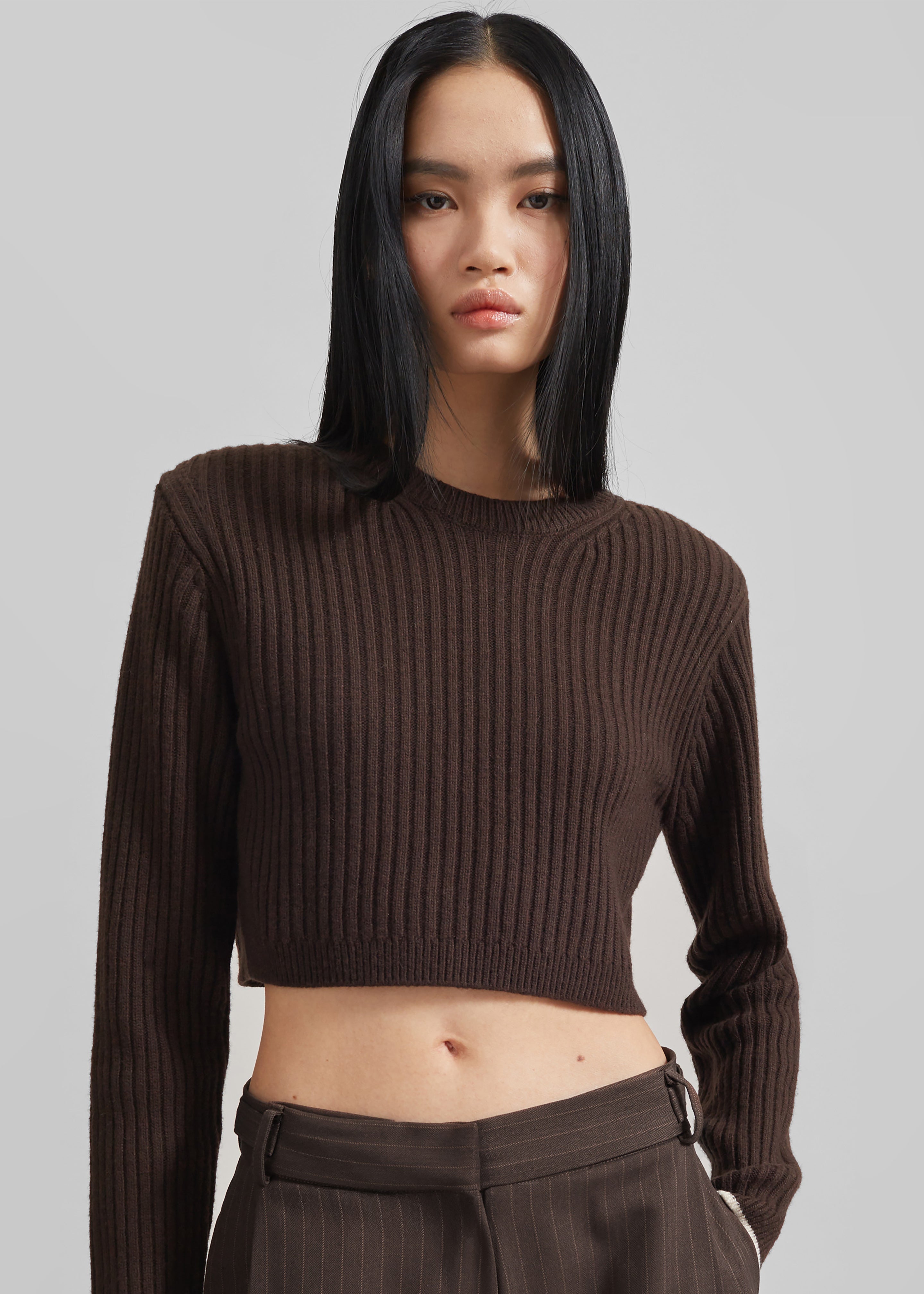 Ritsem Cropped Ribbed Wool Sweater - Dark Brown - 3