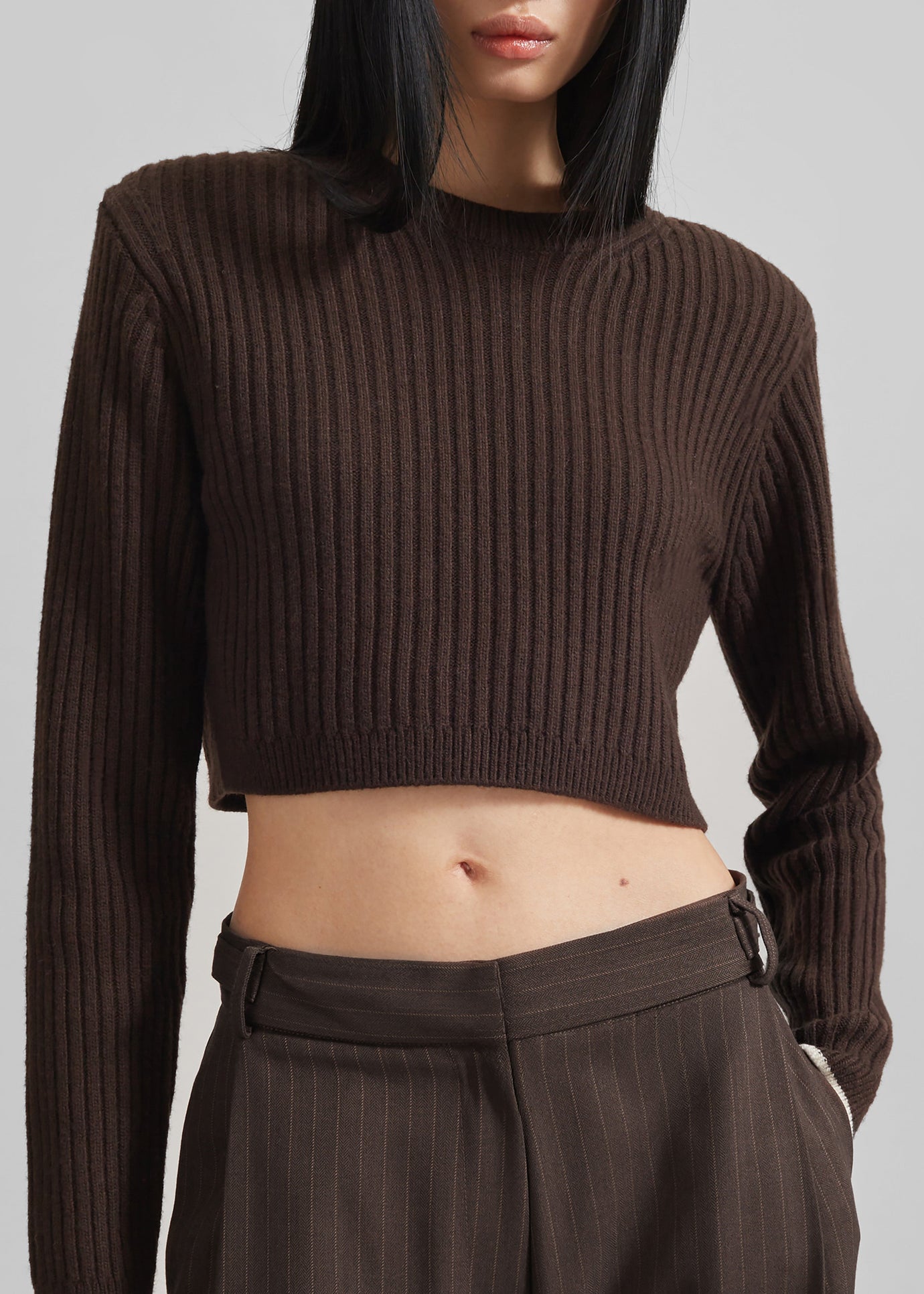 Ritsem Cropped Ribbed Wool Sweater - Dark Brown - 1