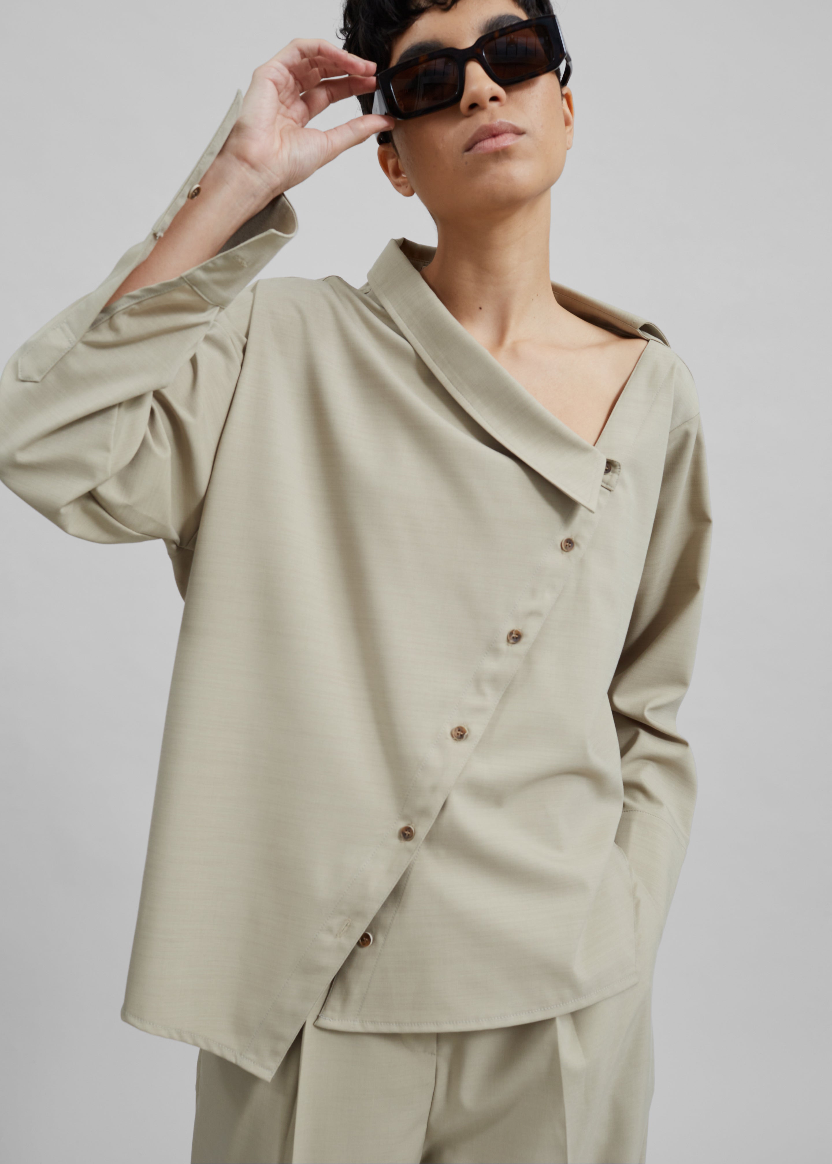 Roan Asymmetric Button Up Blouse - Beige - 4