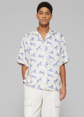 Róhe Silk Ballpoint Horse Shirt - Horse Print Ballpoint Blue