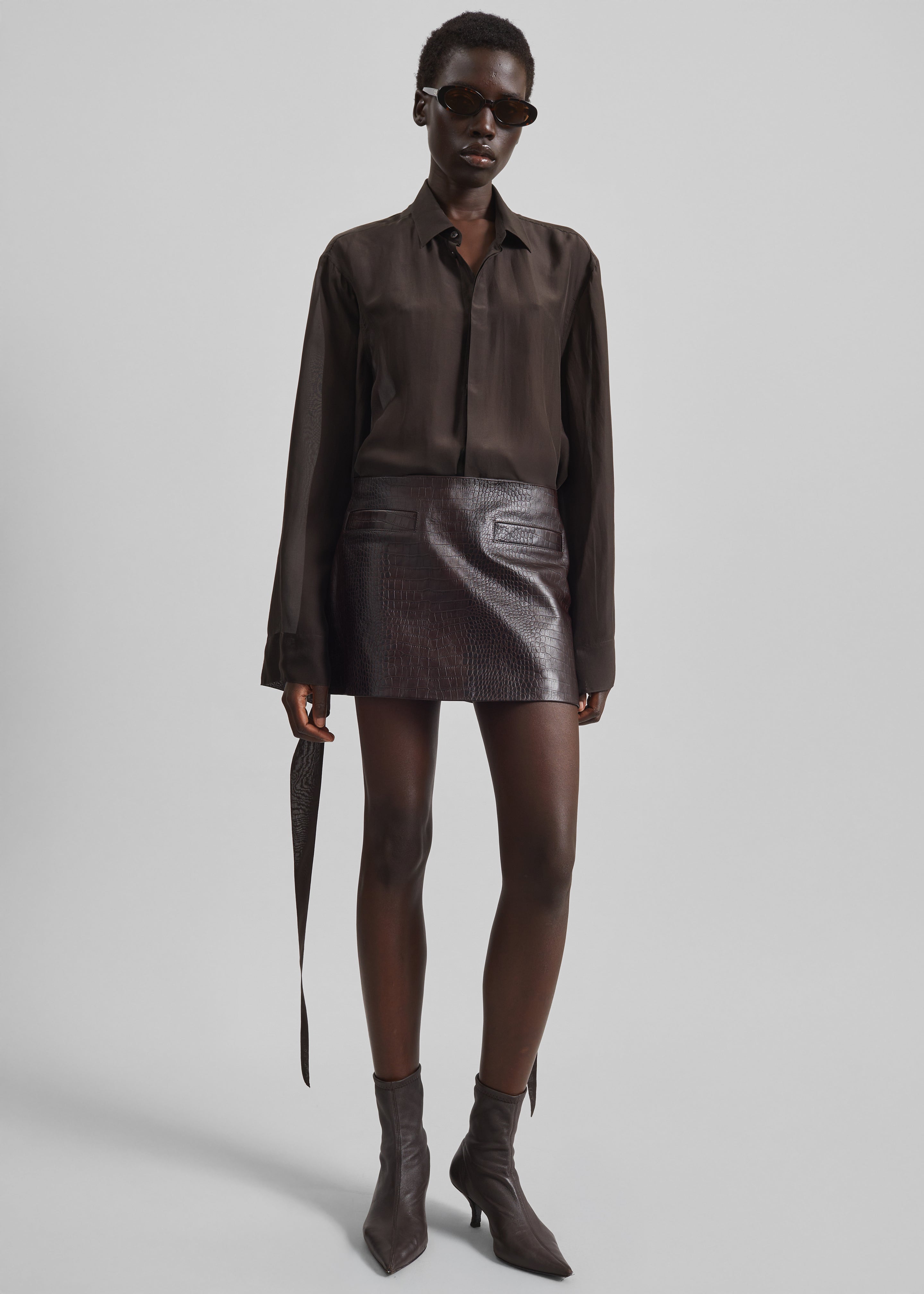 Rory Croc Leather Mini Skirt - Dark Brown - 4