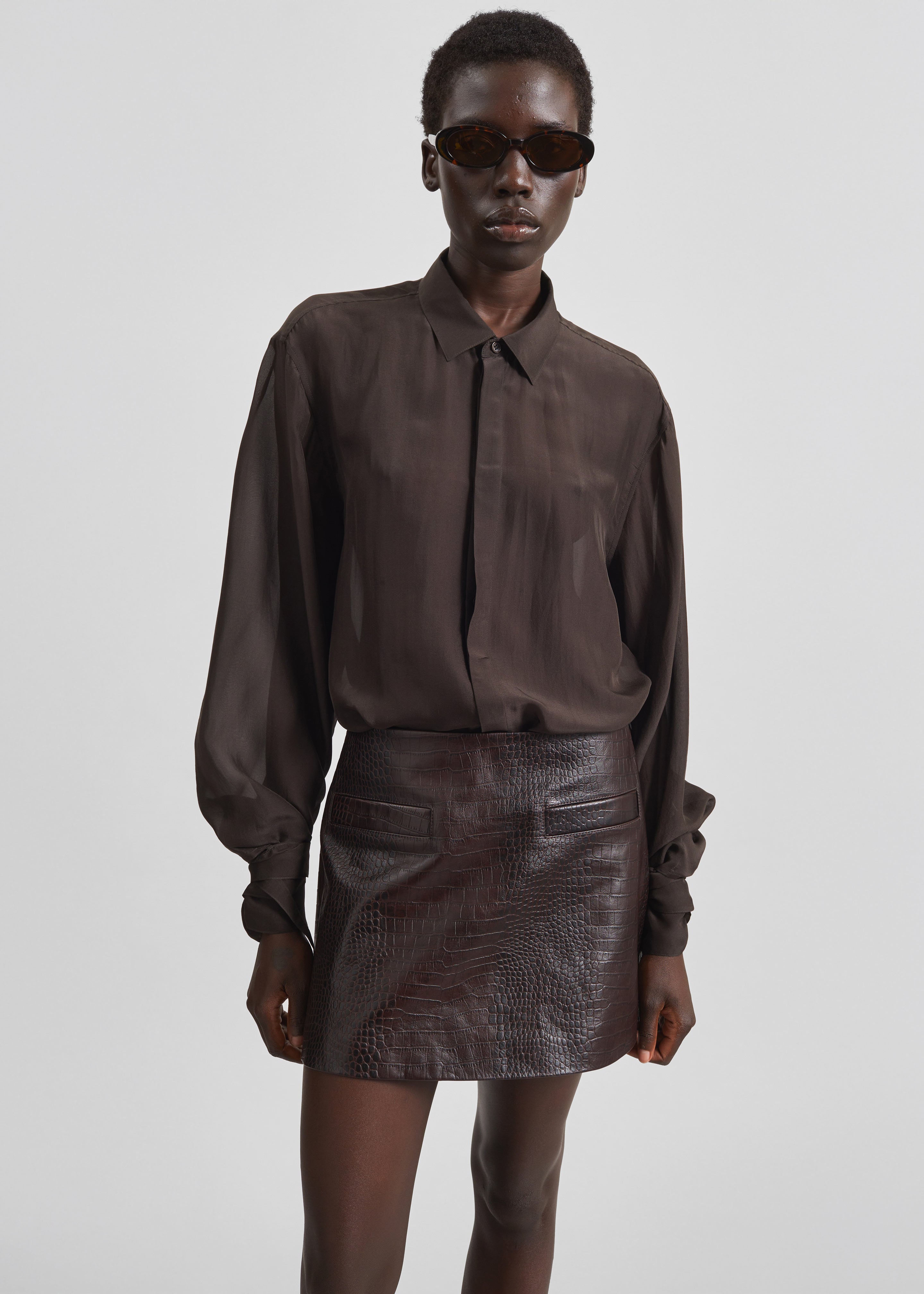 Rory Croc Leather Mini Skirt - Dark Brown - 3