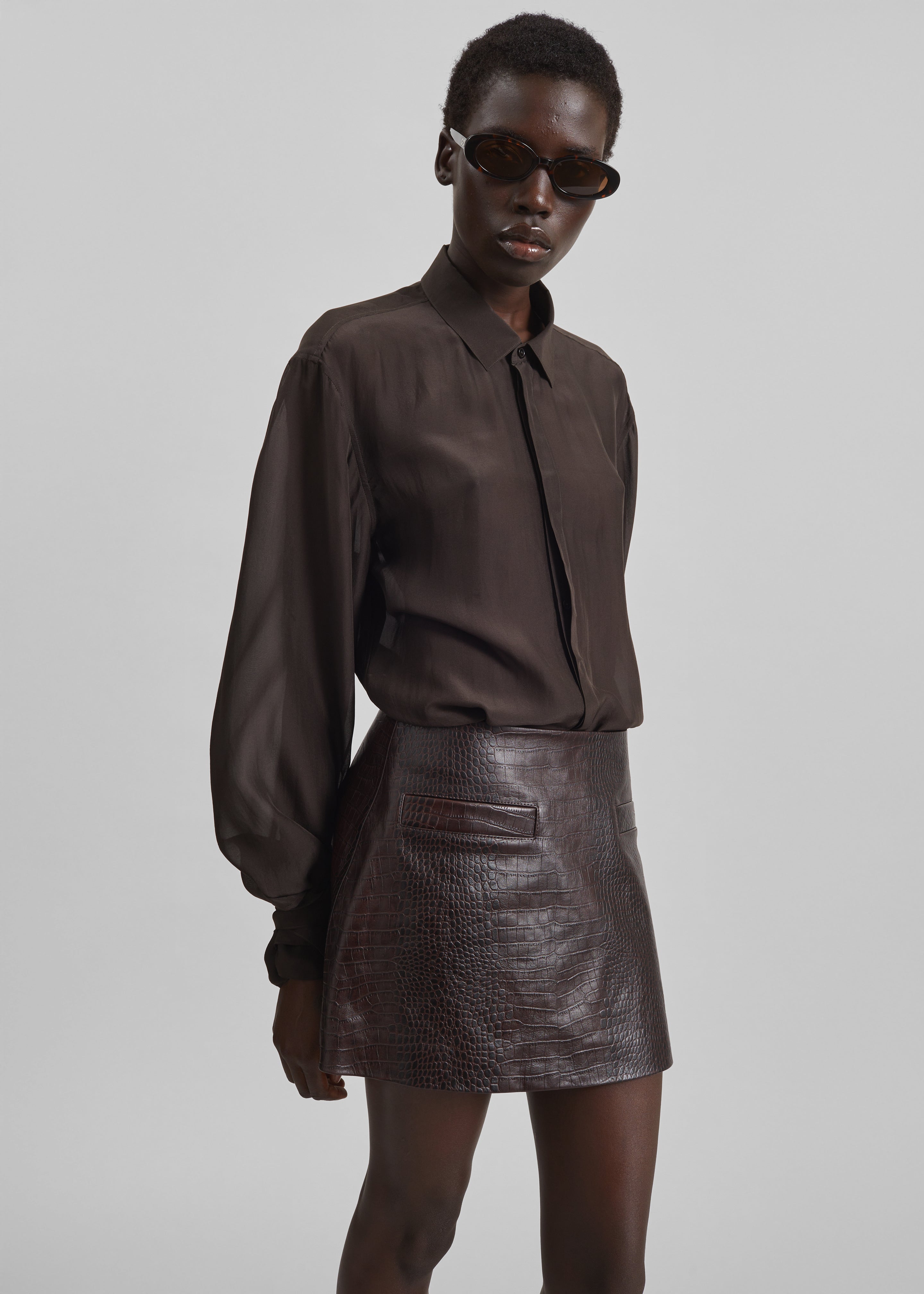 Rory Croc Leather Mini Skirt - Dark Brown - 6