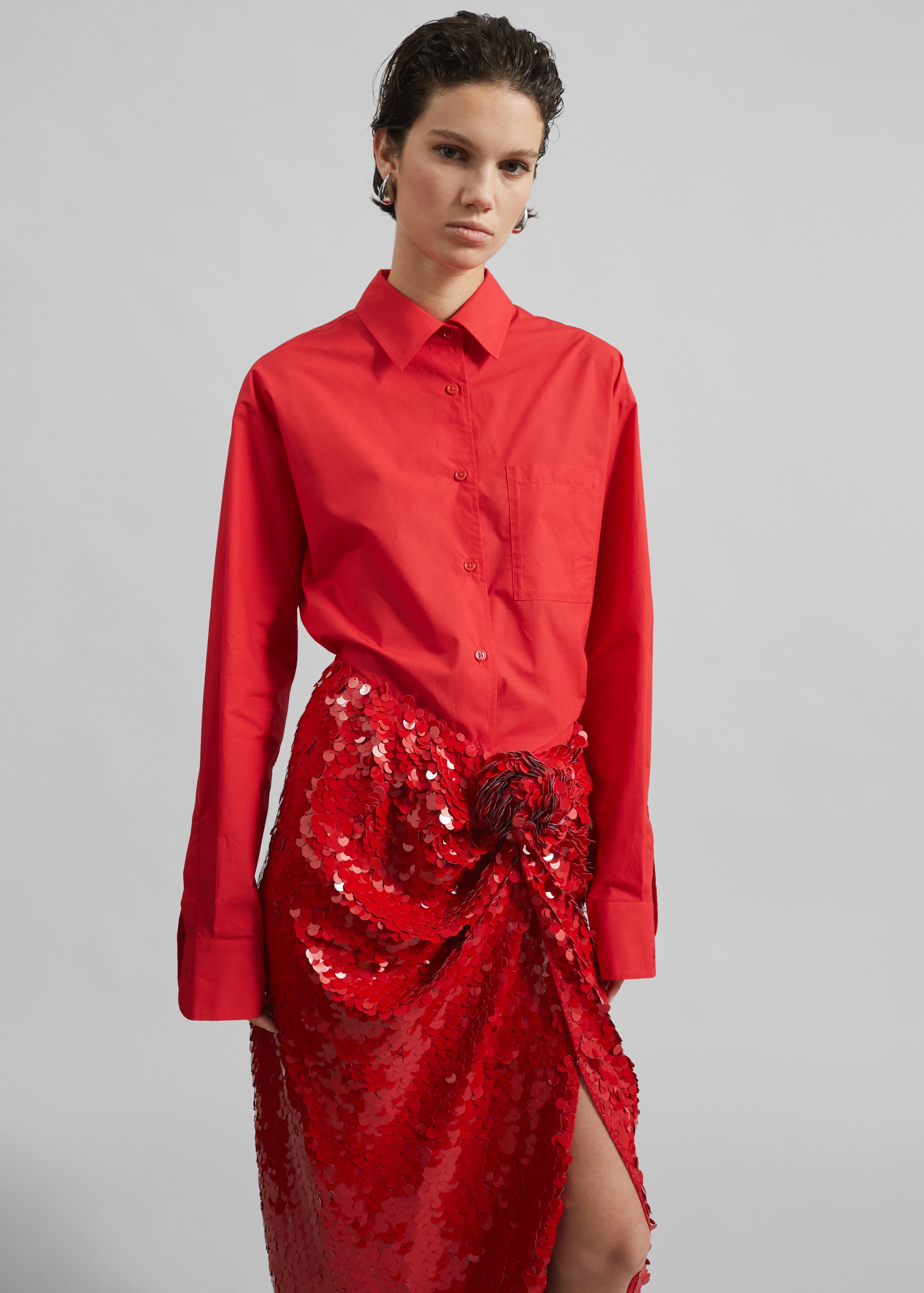 Rotate Asymmetric Sequin Skirt - Racing Red - 8