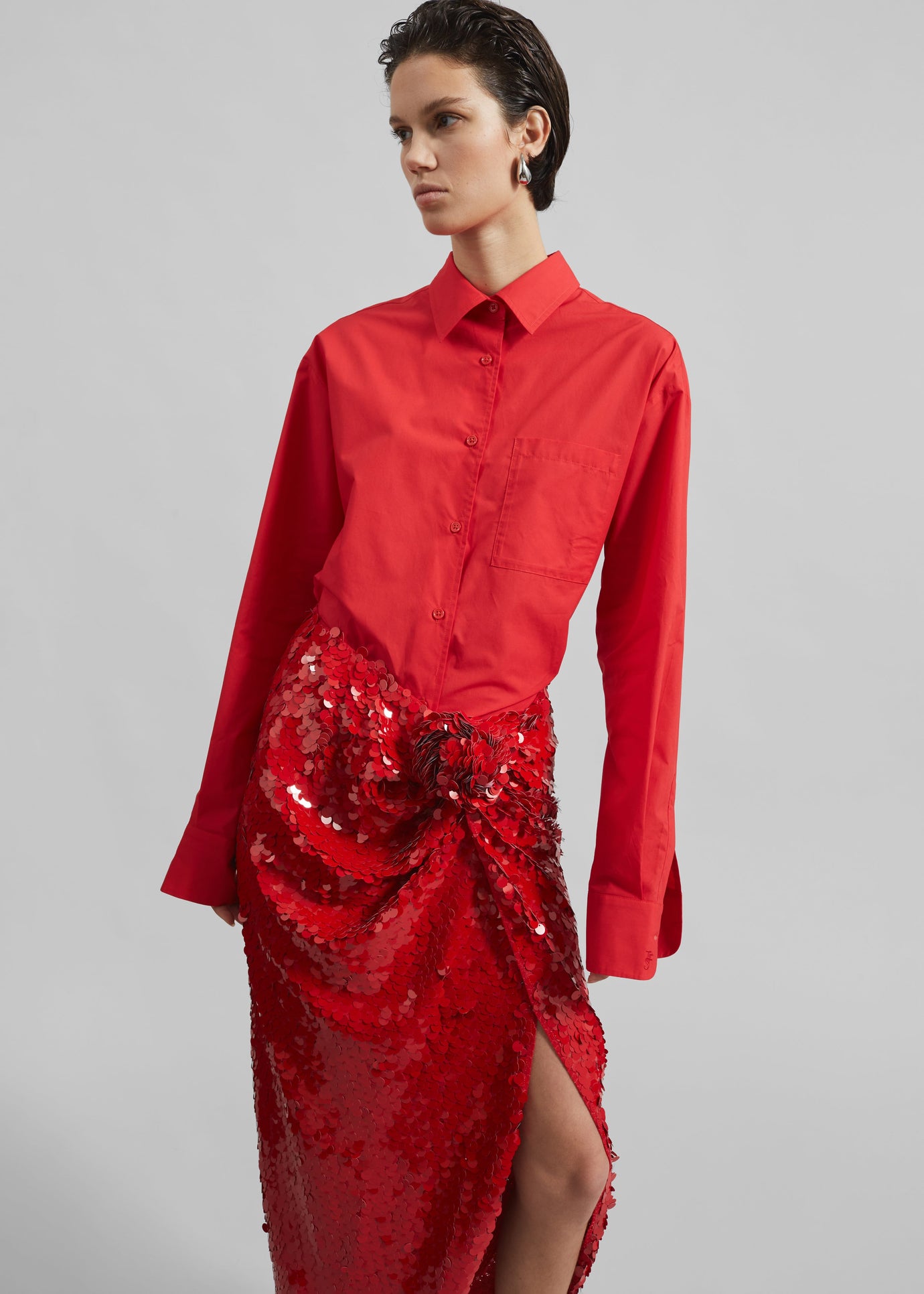 Rotate Asymmetric Sequin Skirt - Racing Red