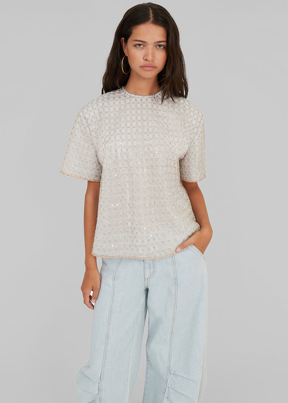 Rotate Beaded Oversized Top - Beige
