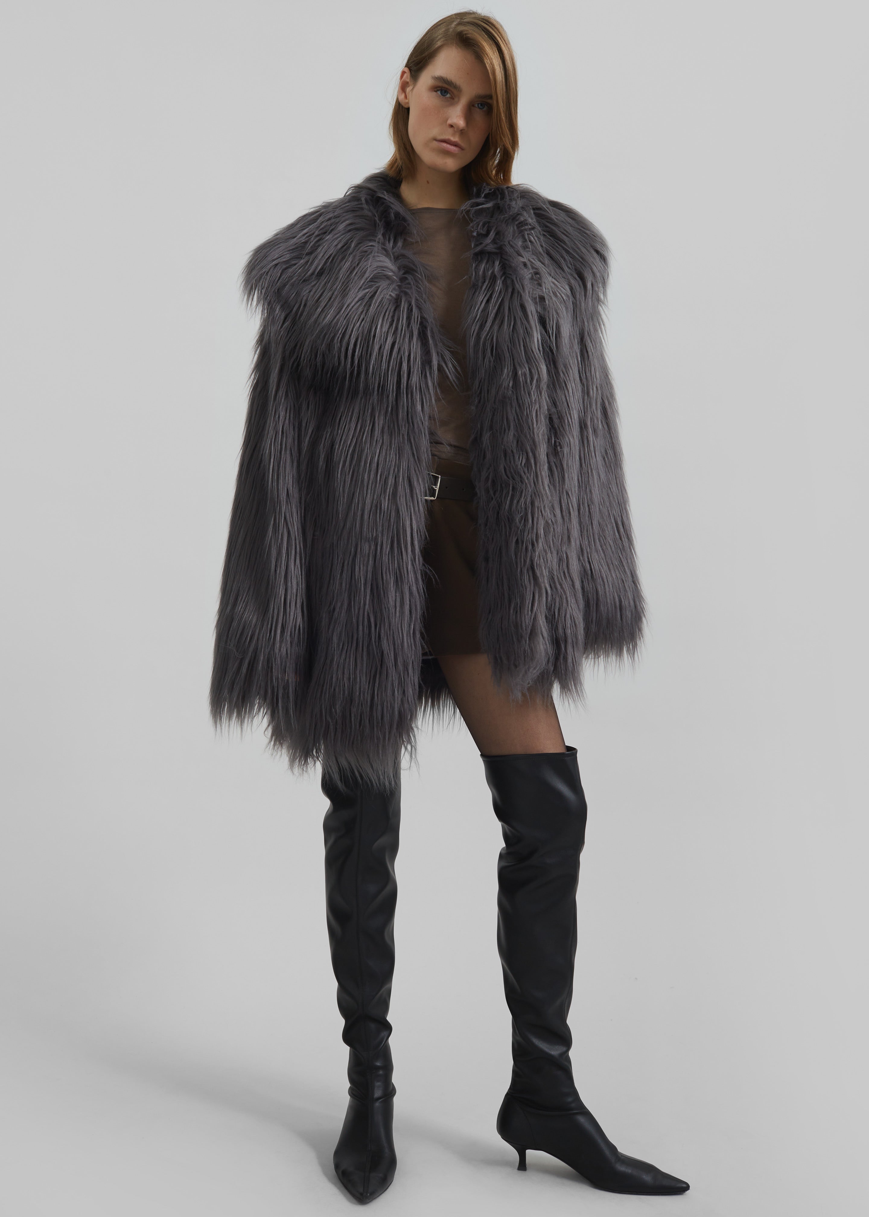 Rotate Faux Fur Wide Collar Coat - Gray Print - 2