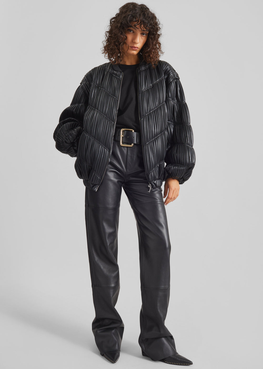 Rotate Pleated Bomber Jacket - Black - 1