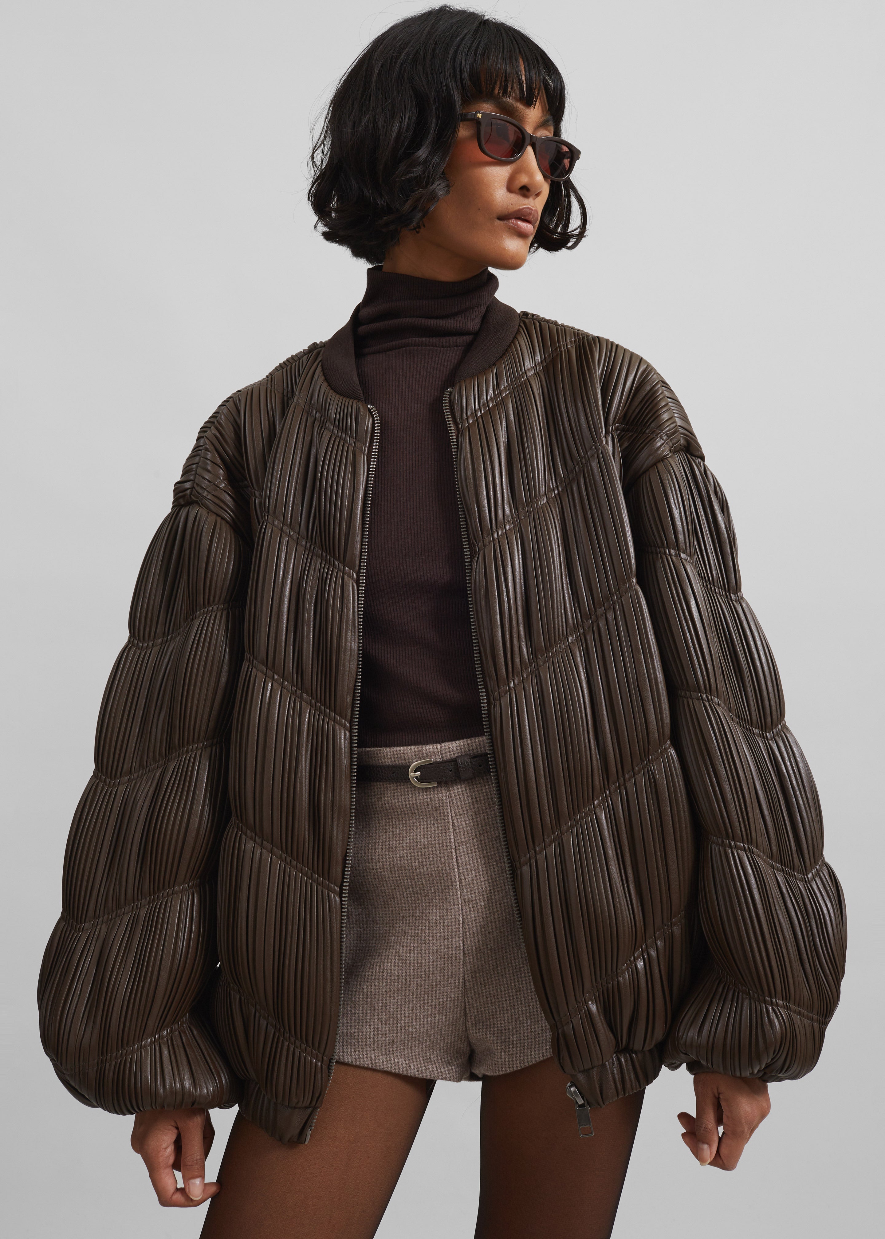 Rotate Pleated Bomber Jacket - Chocolate Brown - 5