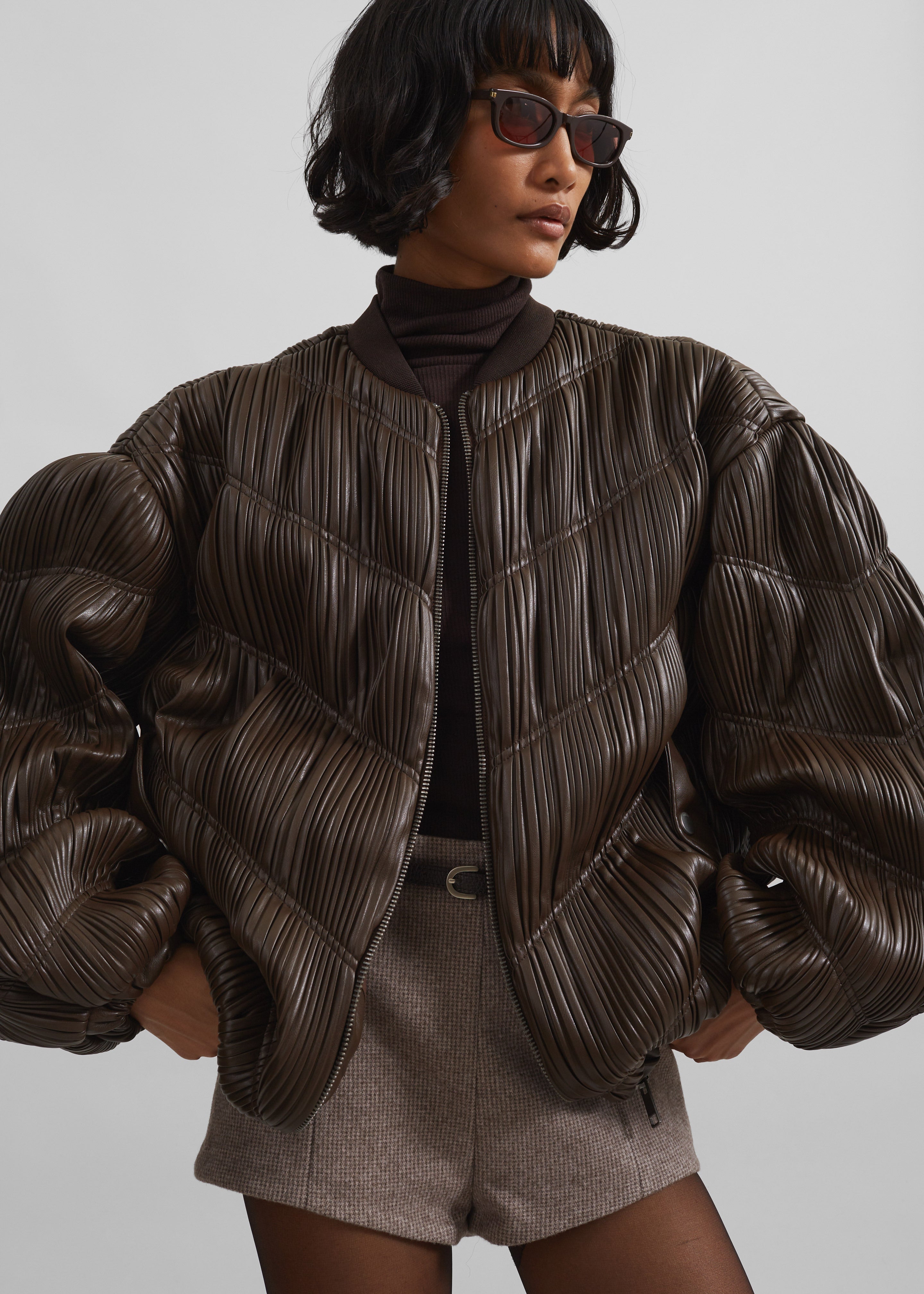 Rotate Pleated Bomber Jacket - Chocolate Brown - 6