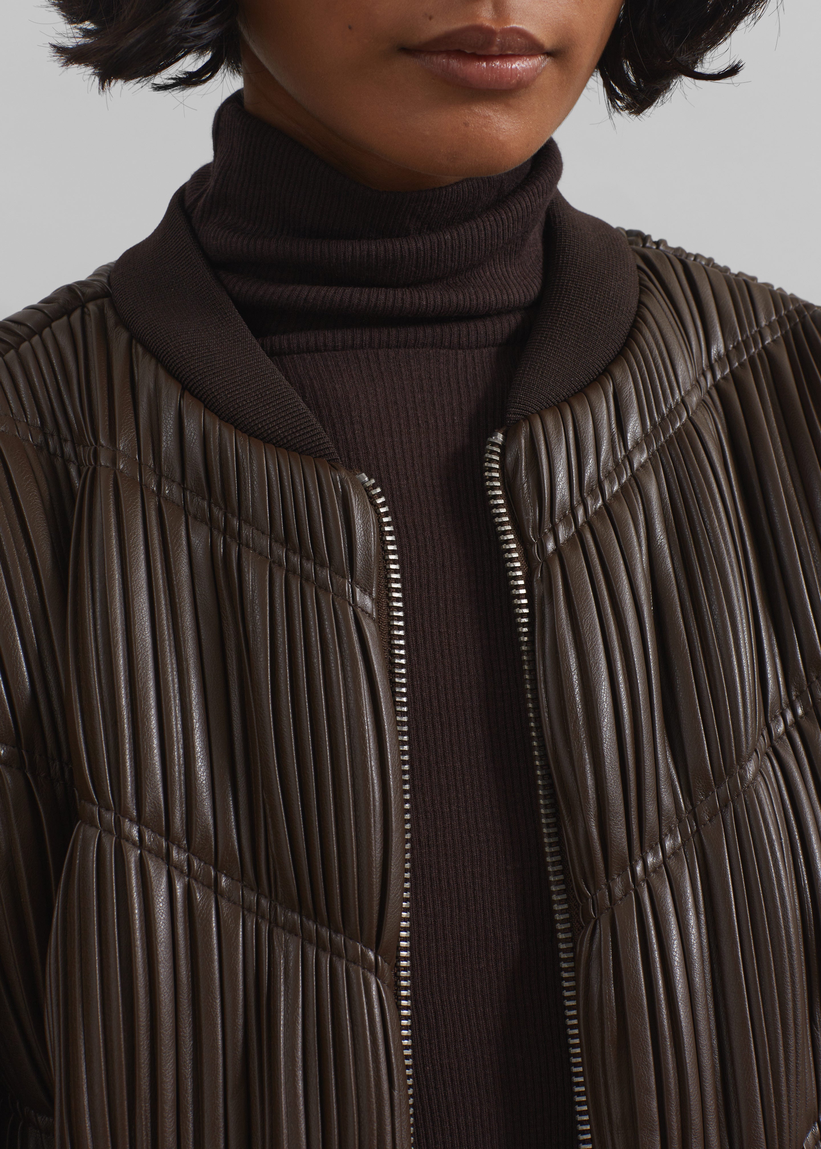 Rotate Pleated Bomber Jacket - Chocolate Brown - 4