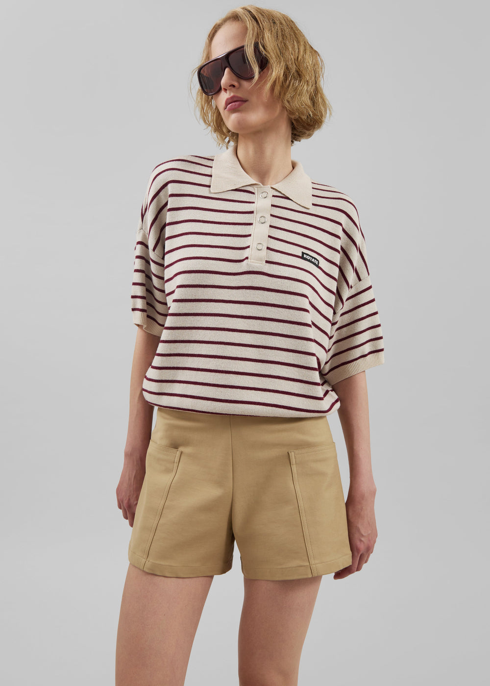 Rotate Slinky Knit Polo - Oatmeal Comb - 1