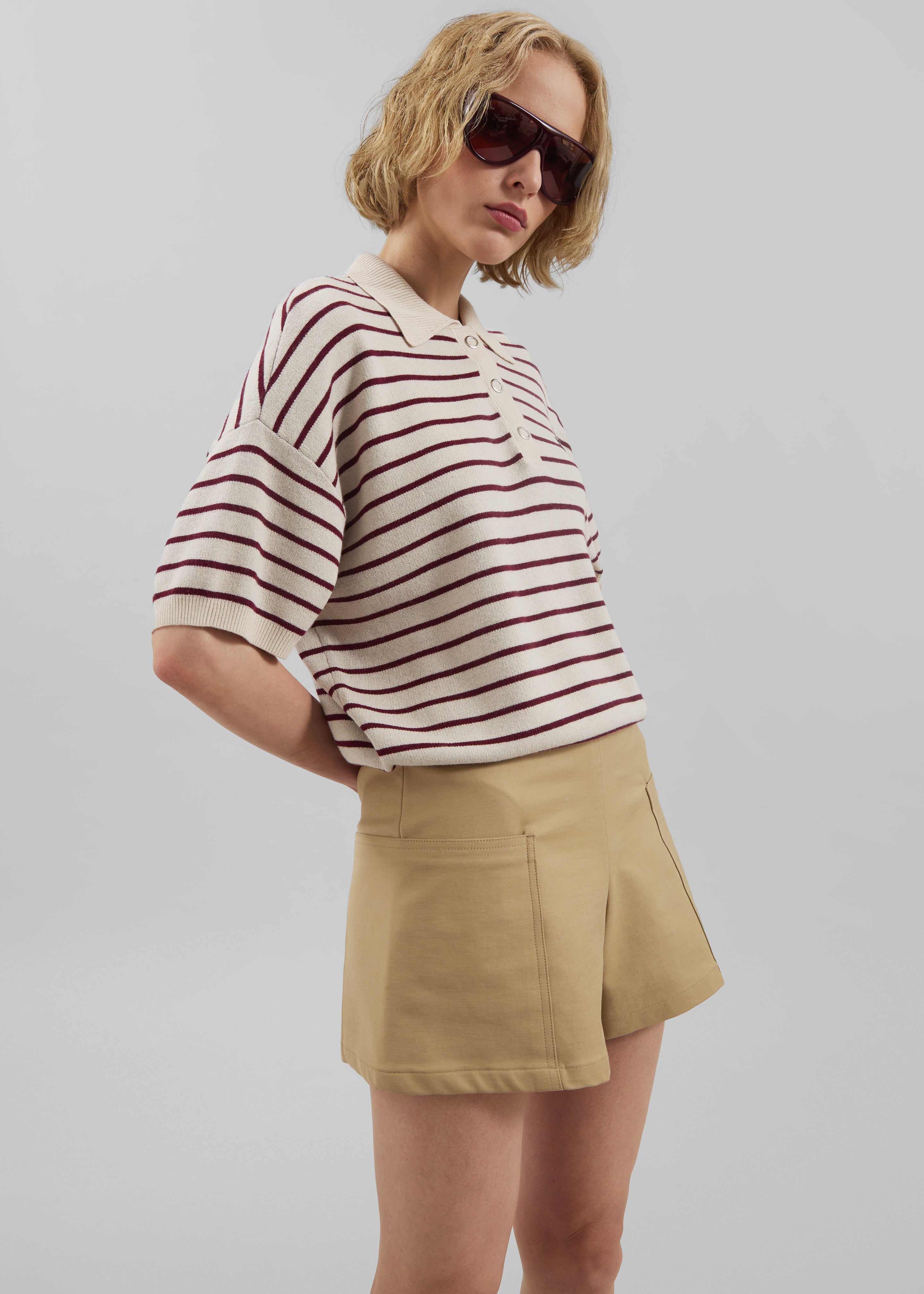 Rotate Slinky Knit Polo - Oatmeal Comb - 4