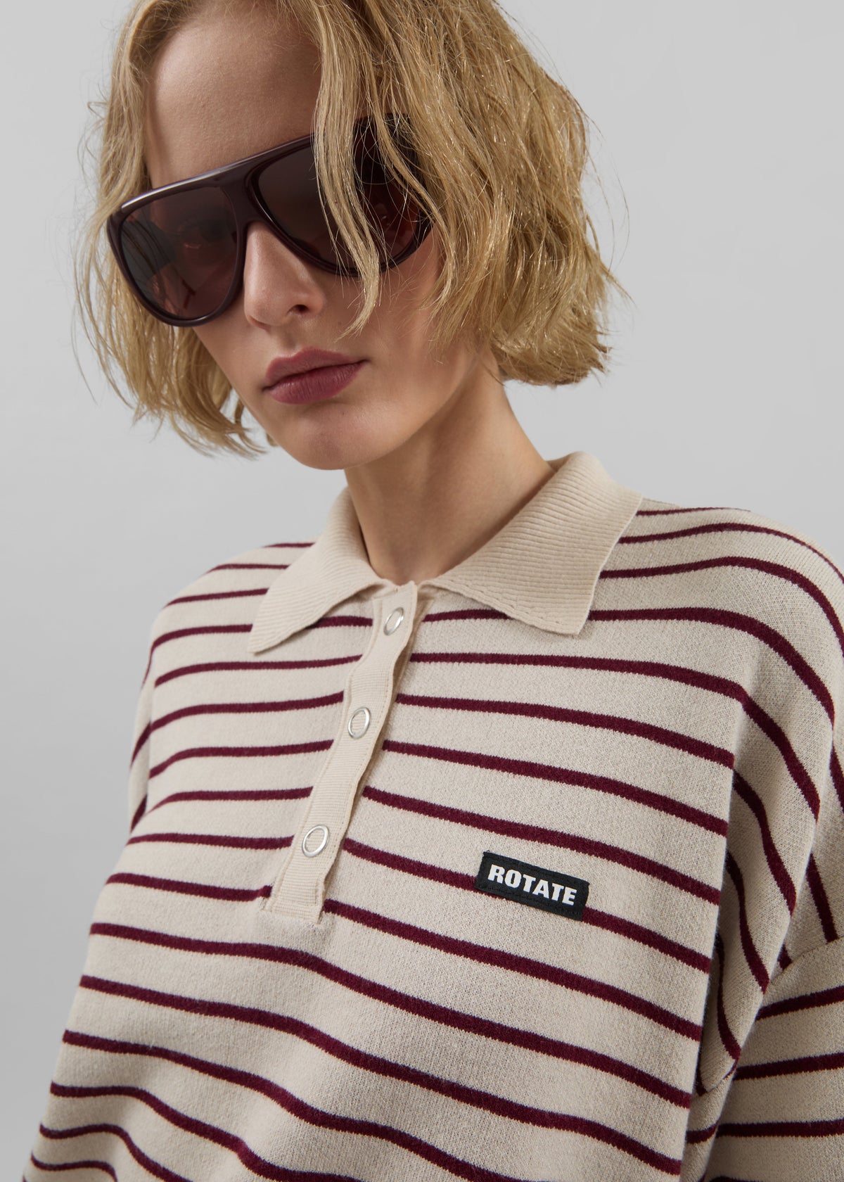 Rotate Slinky Knit Polo - Oatmeal Comb - 1