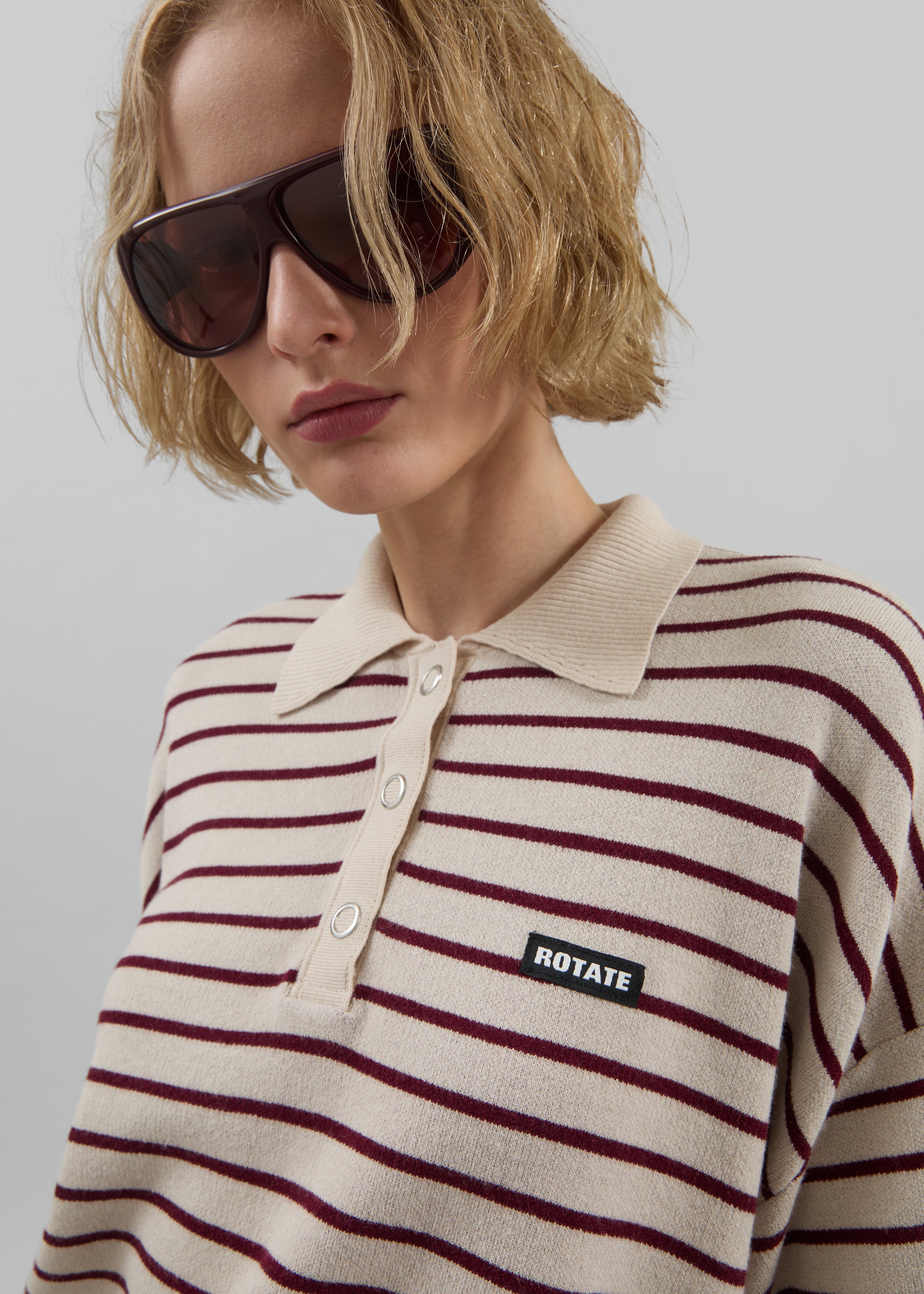 Rotate Slinky Knit Polo - Oatmeal Comb - 1